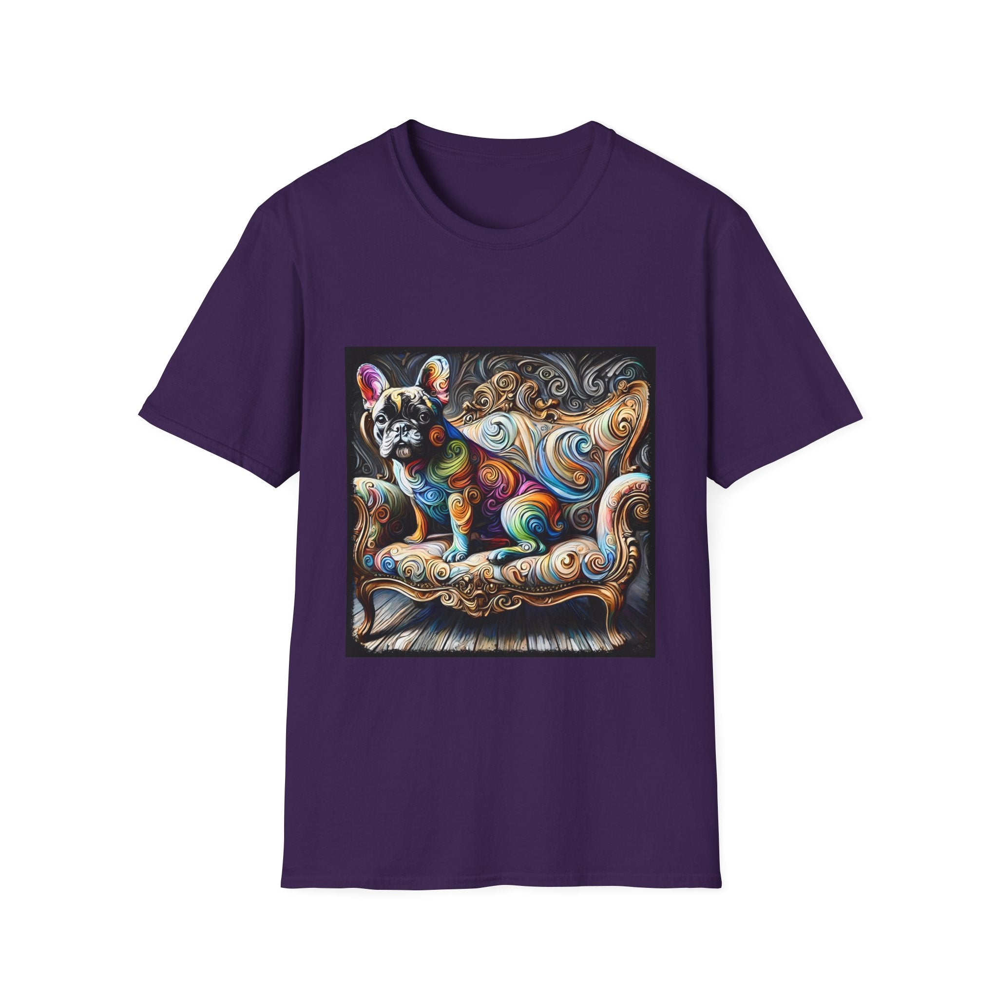 Purple t-shirt featuring rainbow French Bulldog on golden settee with swirl pattern, expressionism style.