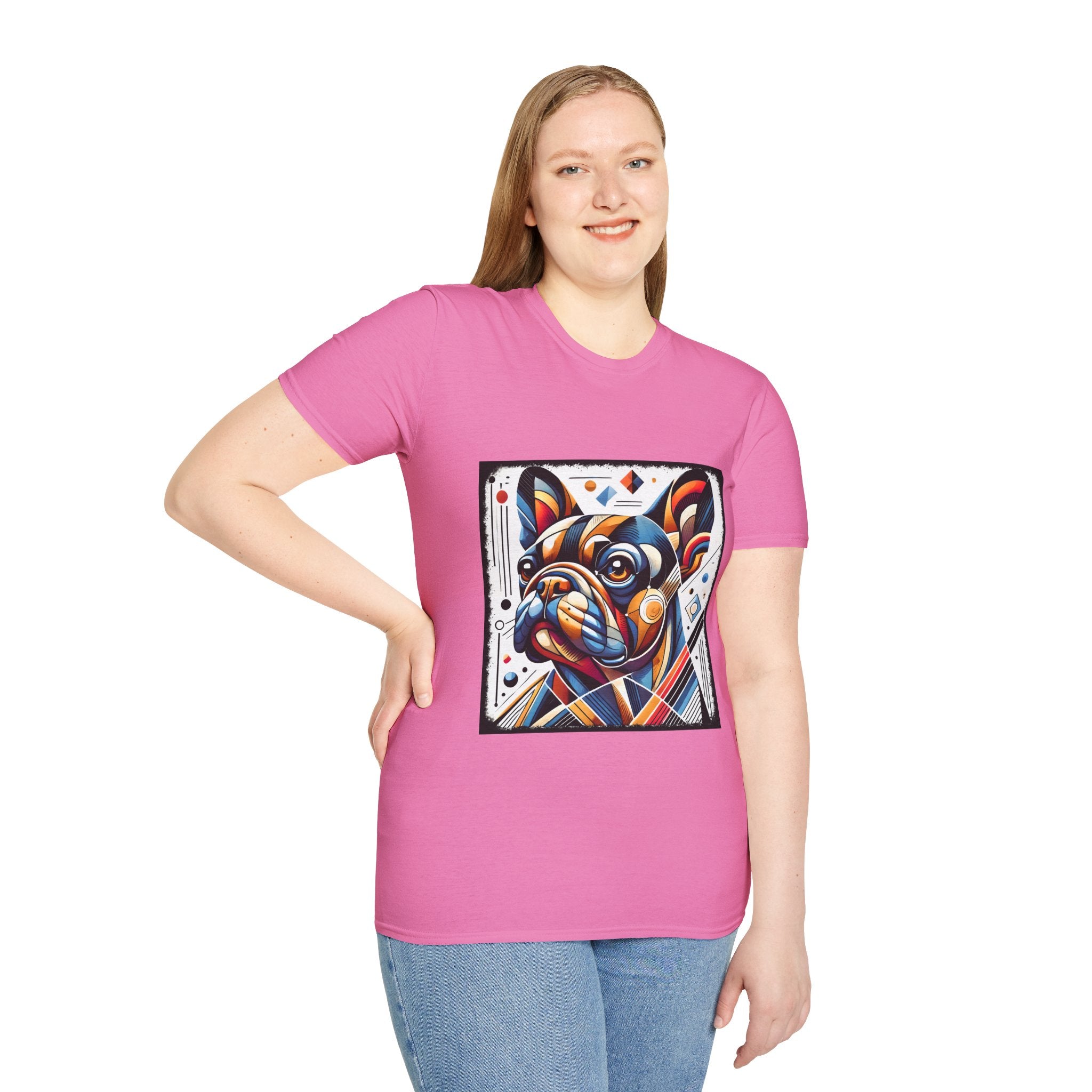 Female smiling in pink dog t-shirt featuring geometric-style French Bulldog in vivid orange, blue, and red against a white abstract background.