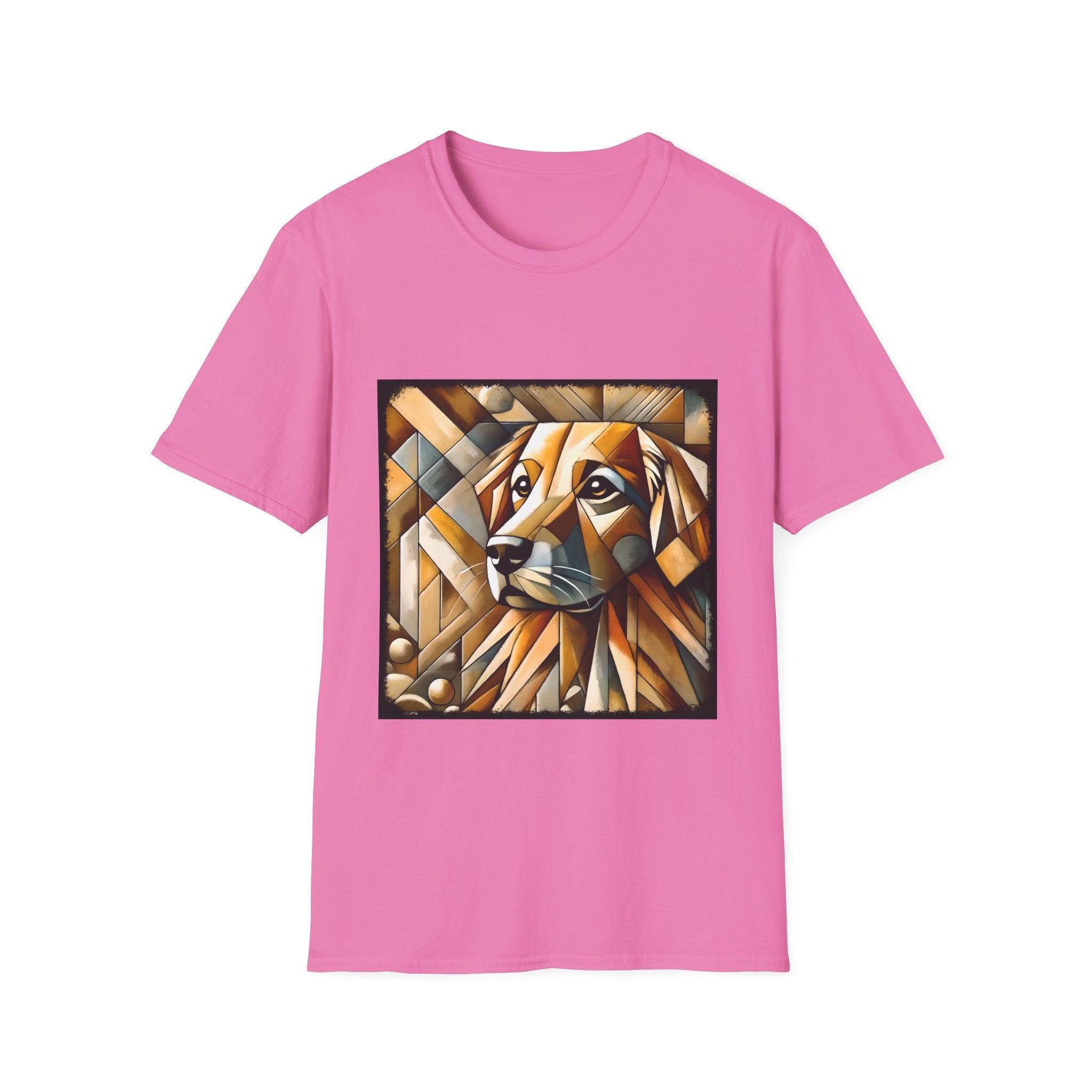 Pink dog t-shirt featuring golden retriever in geometric cubist style with warm amber and tan tones.