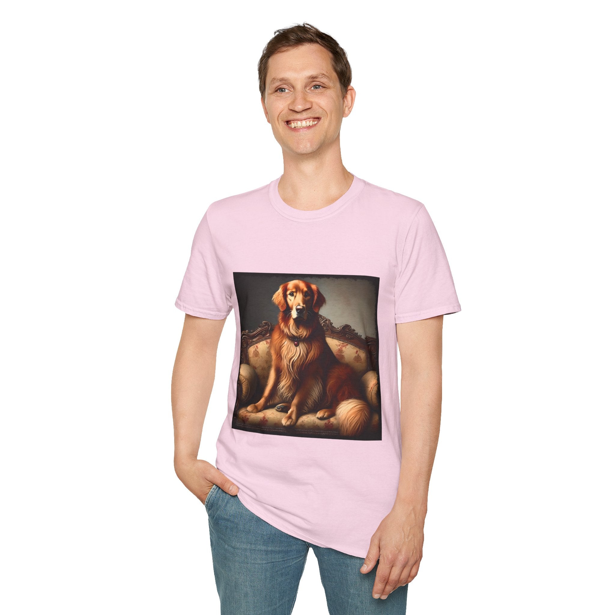 Male model in light pink dog t-shirt featuring golden retriever on ornate settee with long fur and classic red tones.