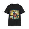Black dog t-shirt featuring French Bulldog in red jersey on basketball court, expressionism style.