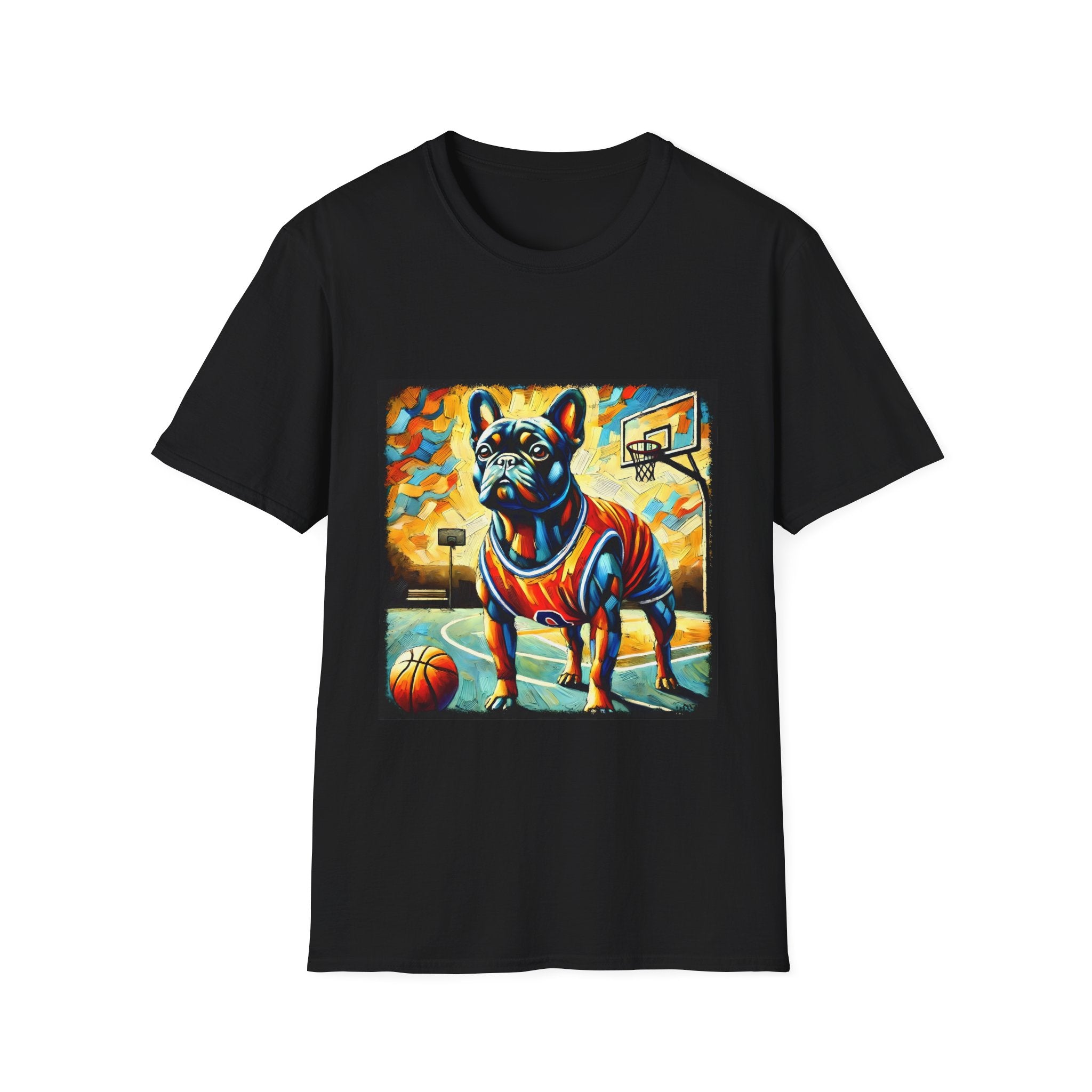 Black dog t-shirt featuring French Bulldog in red jersey on basketball court, expressionism style.