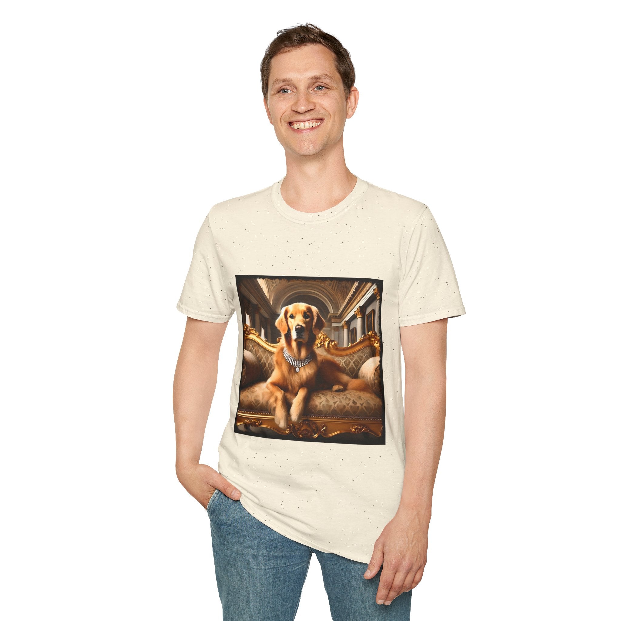 Male model in natural dog t-shirt featuring regal golden retriever in diamond collar lounging on ornate gold baroque settee.