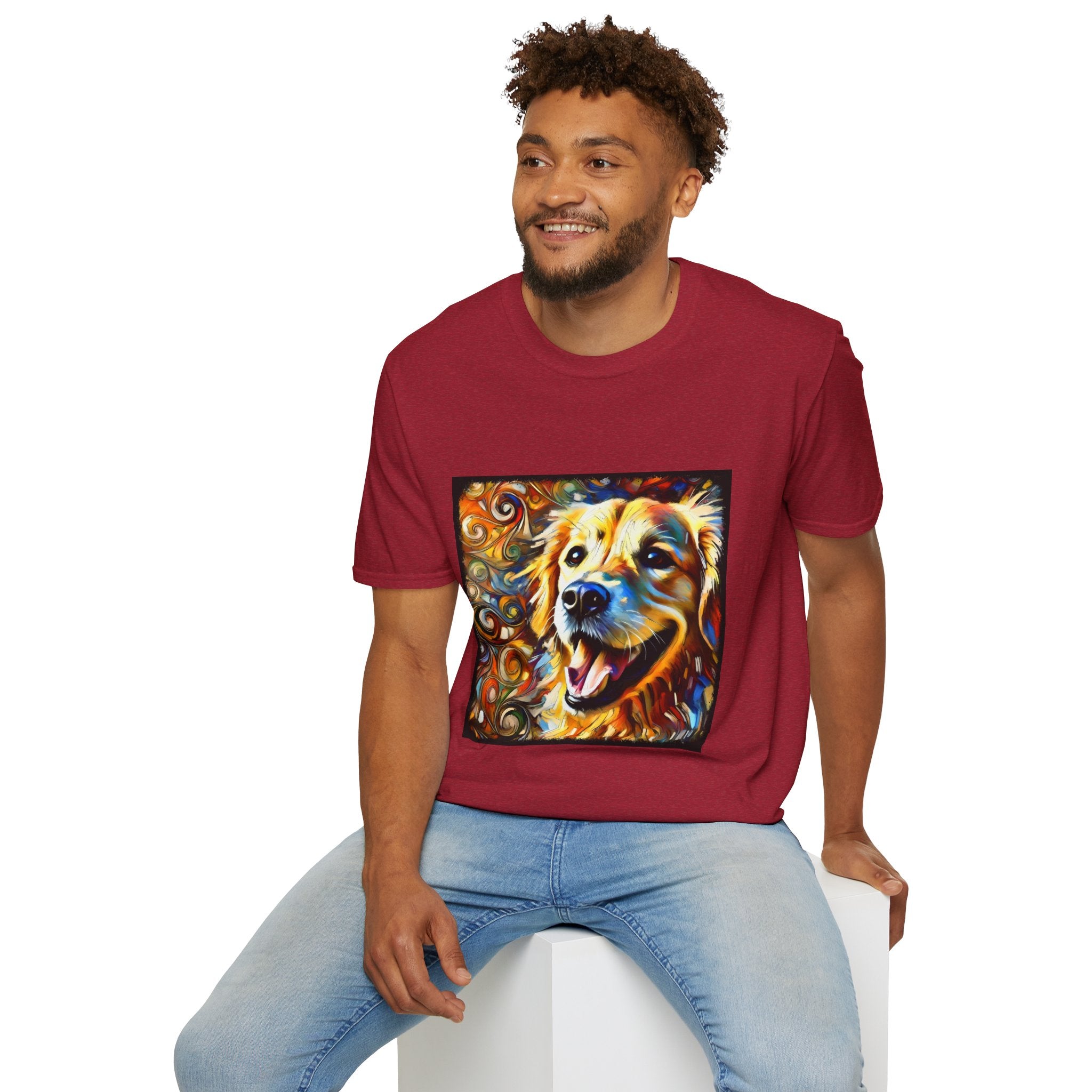 Male model in antique cherry red dog t-shirt featuring smiling golden retriever portrait with bold swirls in orange, gold, and blue.