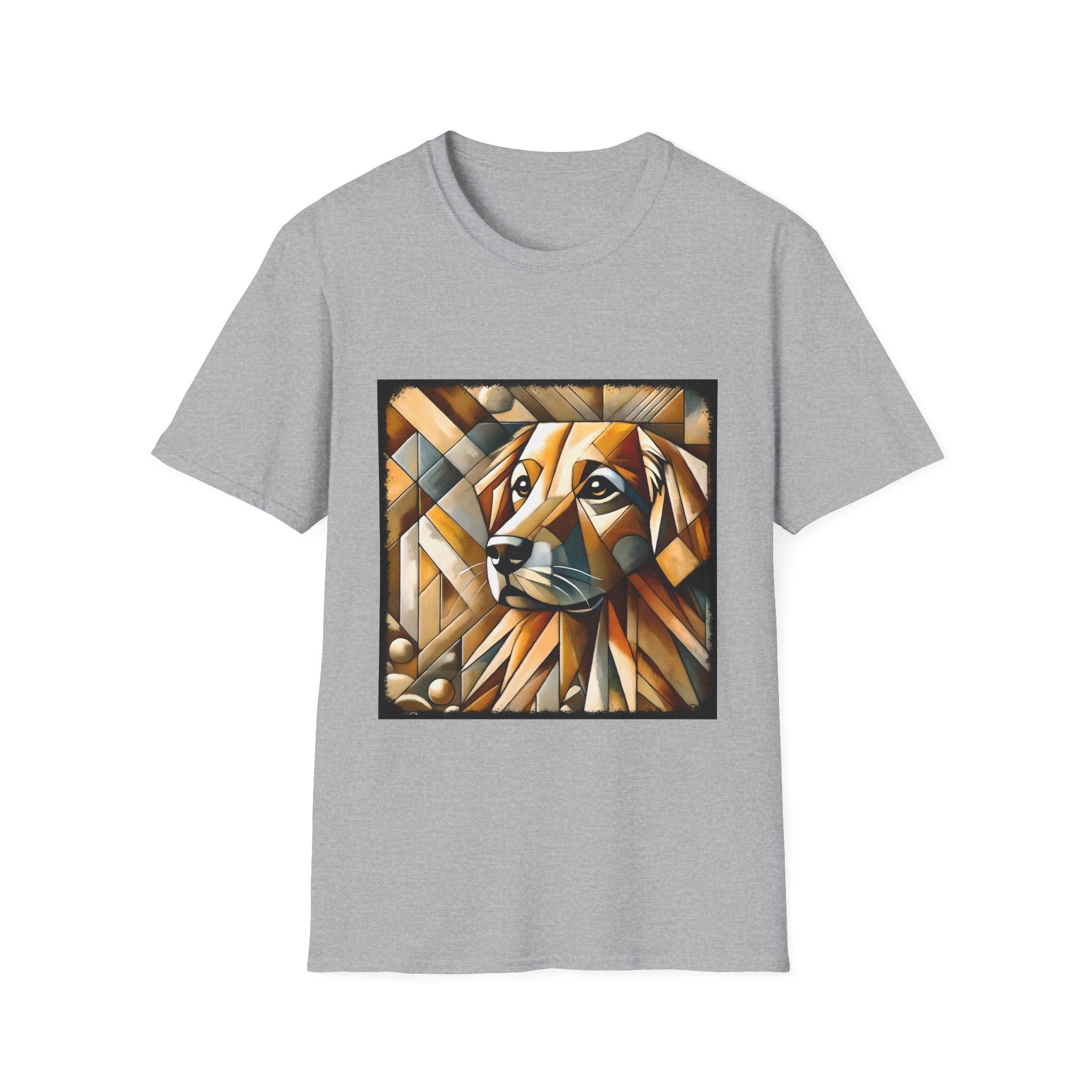 Sport gray dog t-shirt featuring golden retriever in geometric cubist style with warm amber and tan tones.