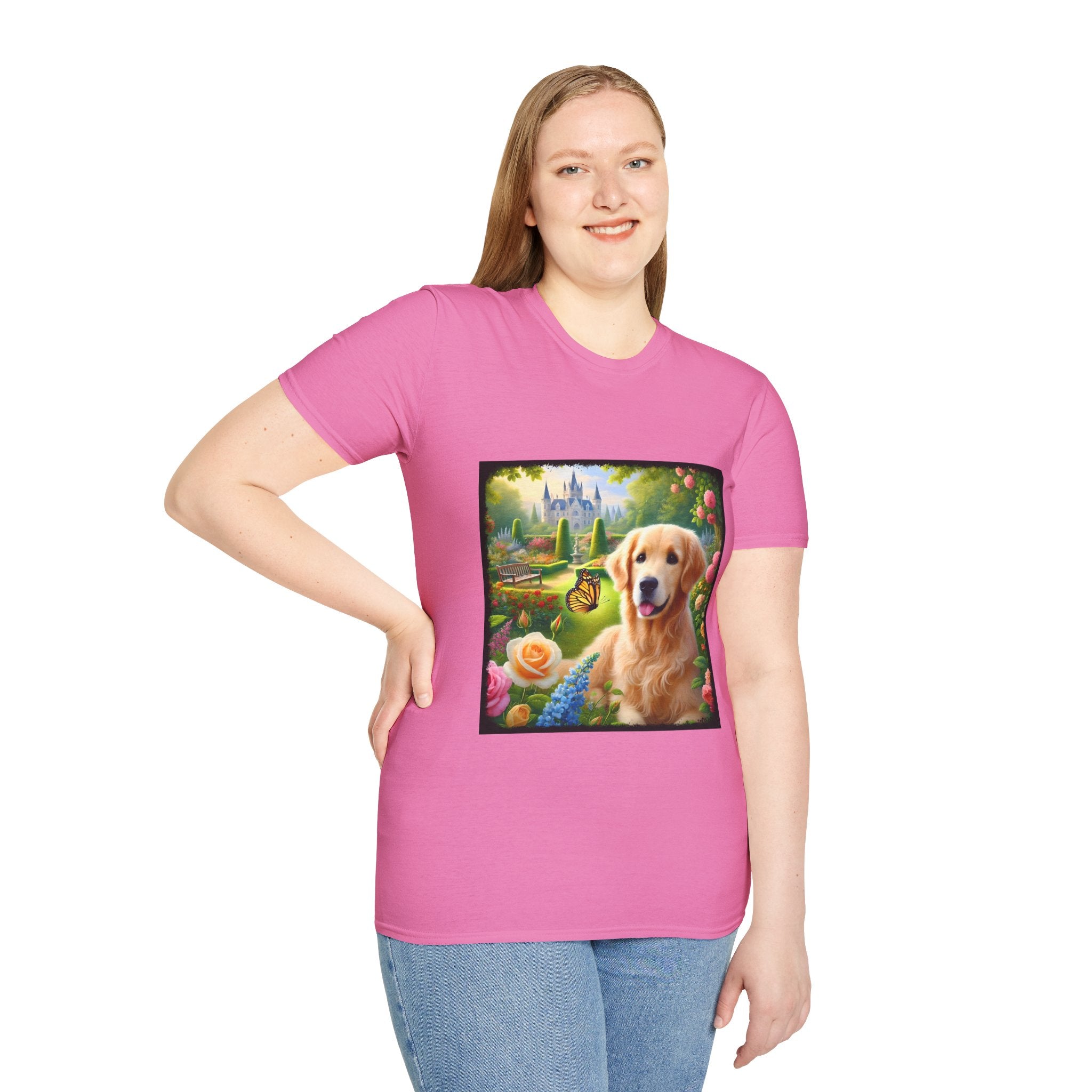 Female model wears pink dog t-shirt featuring a golden retriever in a vibrant castle garden with blooming roses and a butterfly.