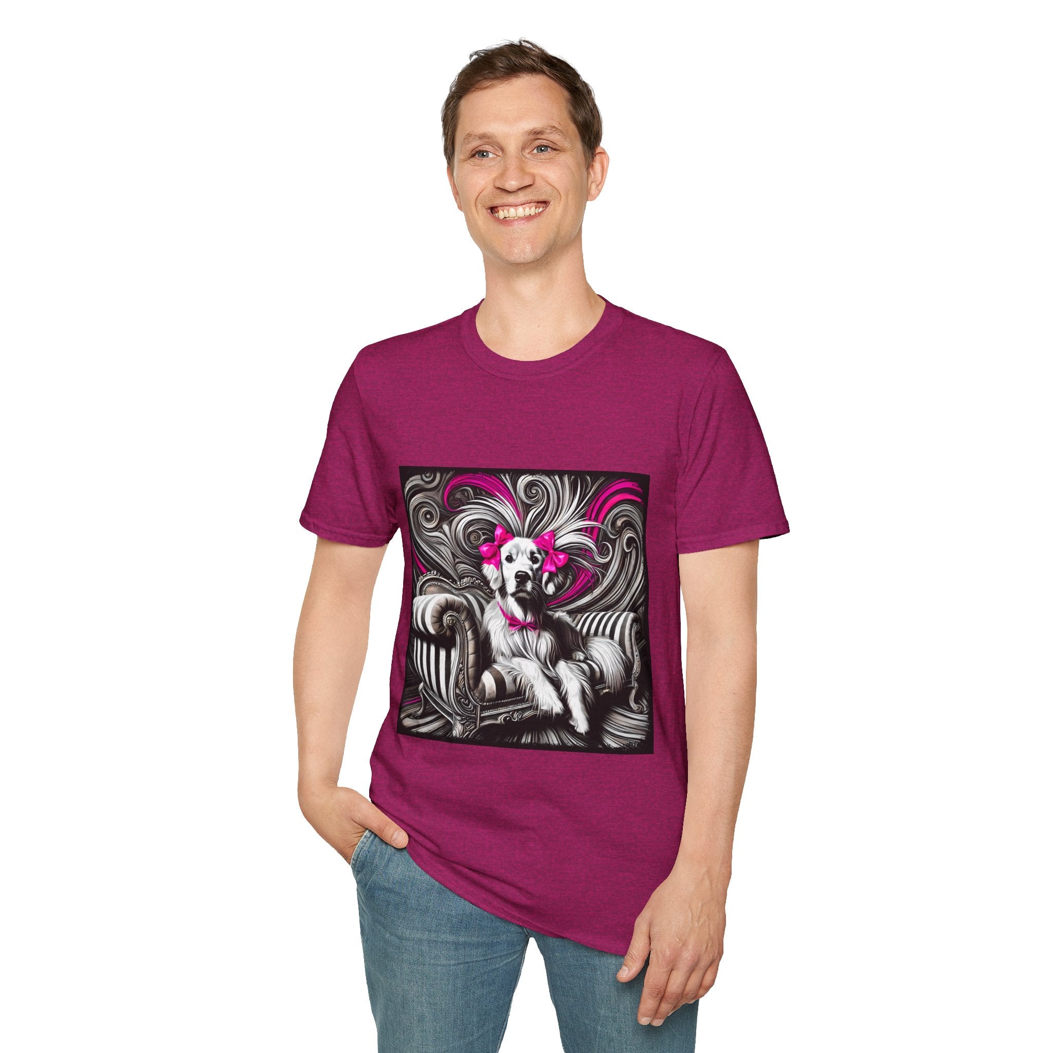 Male model in heather raspberry dog t-shirt featuring black-and-white art of retriever with pink bows and swirling accents.