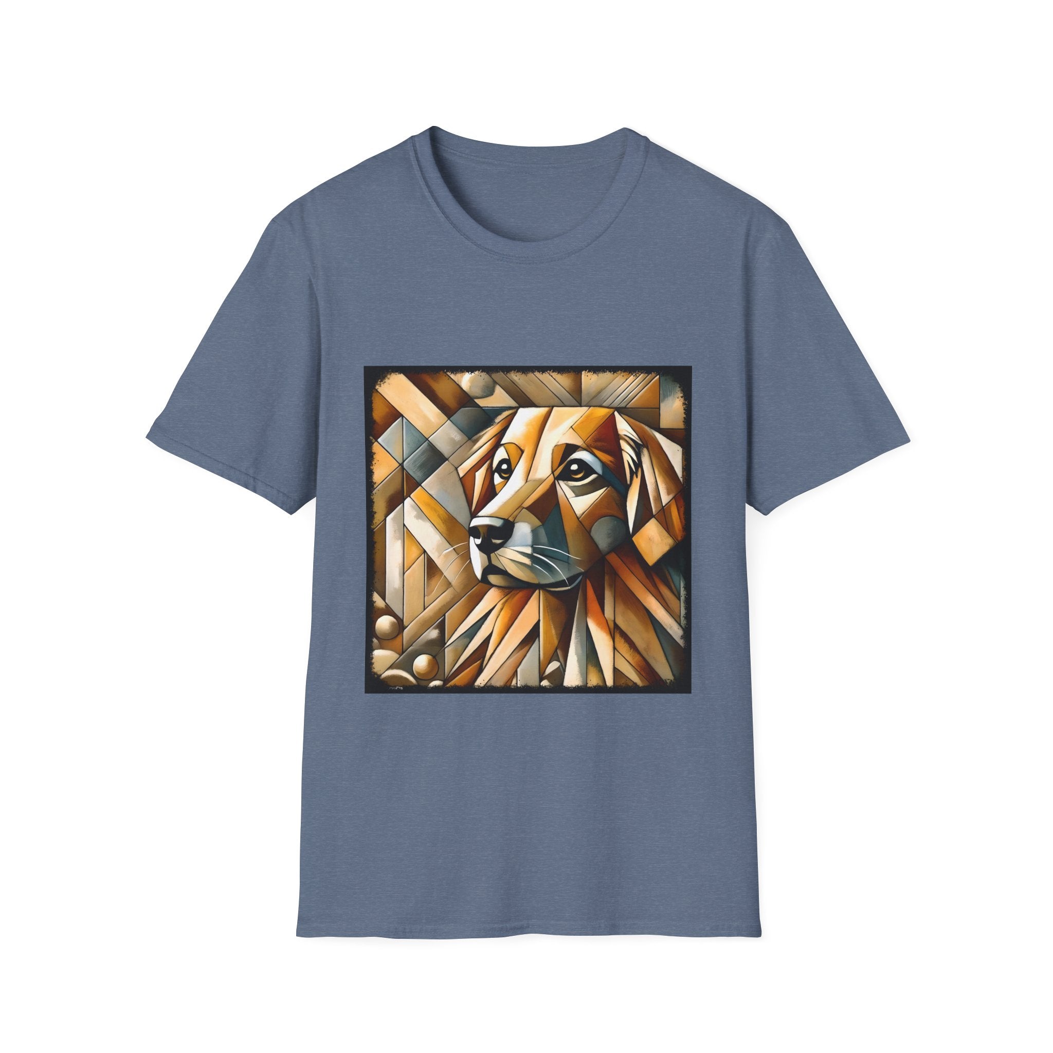 Heather indigo dog t-shirt featuring golden retriever in geometric cubist style with warm amber and tan tones.