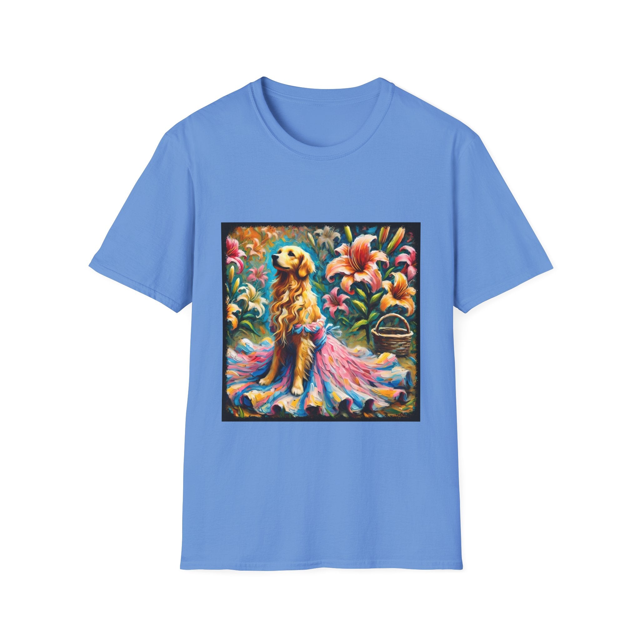 Carolina Blue dog t-shirt featuring golden retriever in pink-and-purple gown surrounded by vibrant tropical flowers.