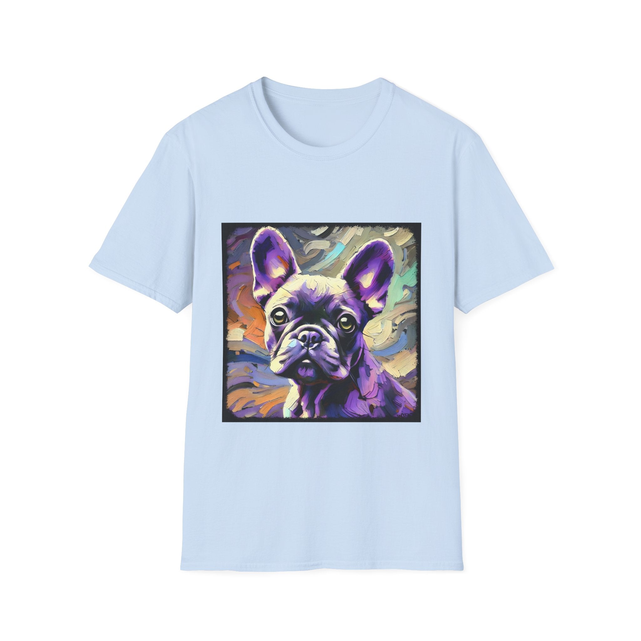 Light blue dog t-shirt featuring a lavender purple French Bulldog with swirling brushstrokes of teal, orange, and cream.