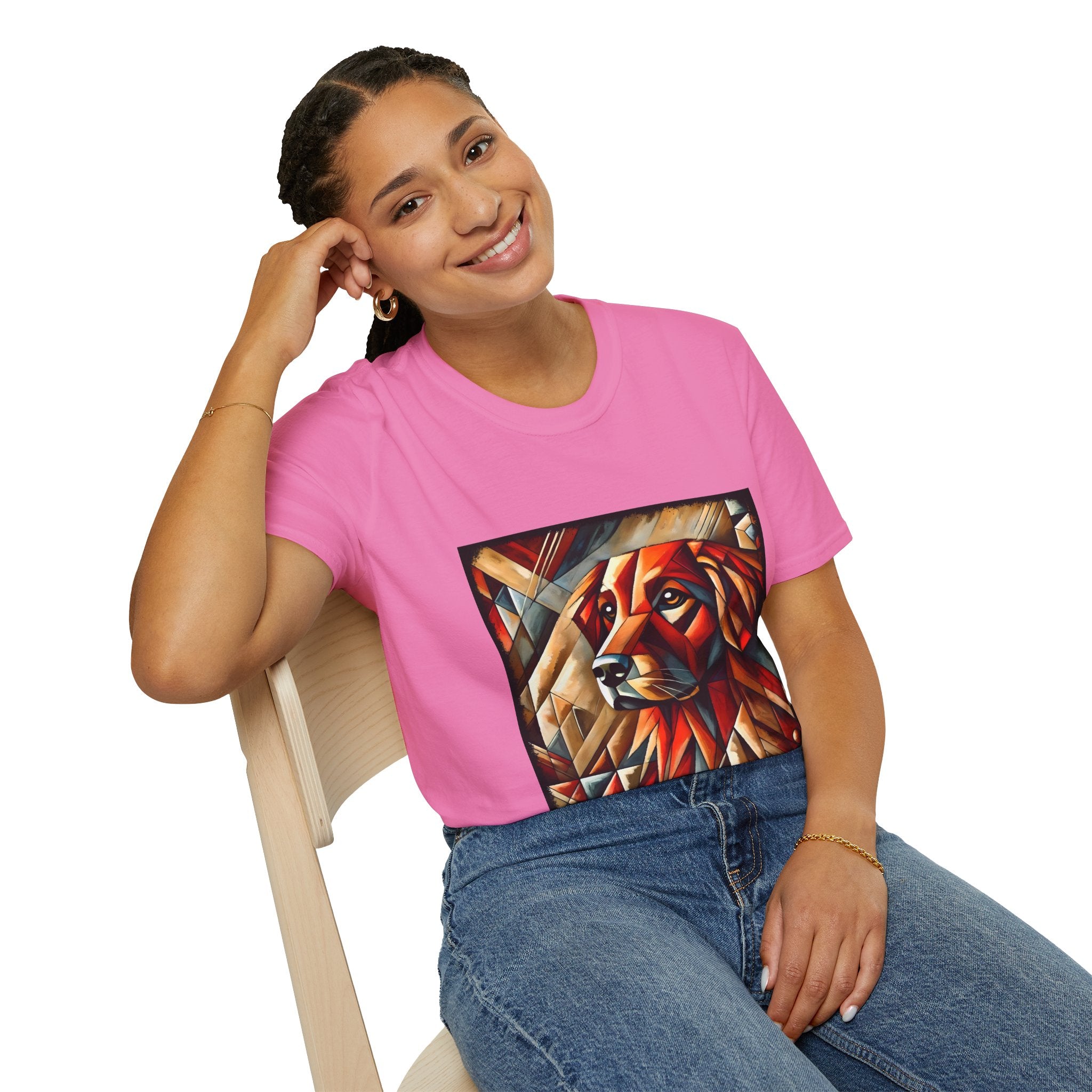 Female model in pink dog t-shirt featuring red geometric golden retriever portrait in cubist style with bold angles.