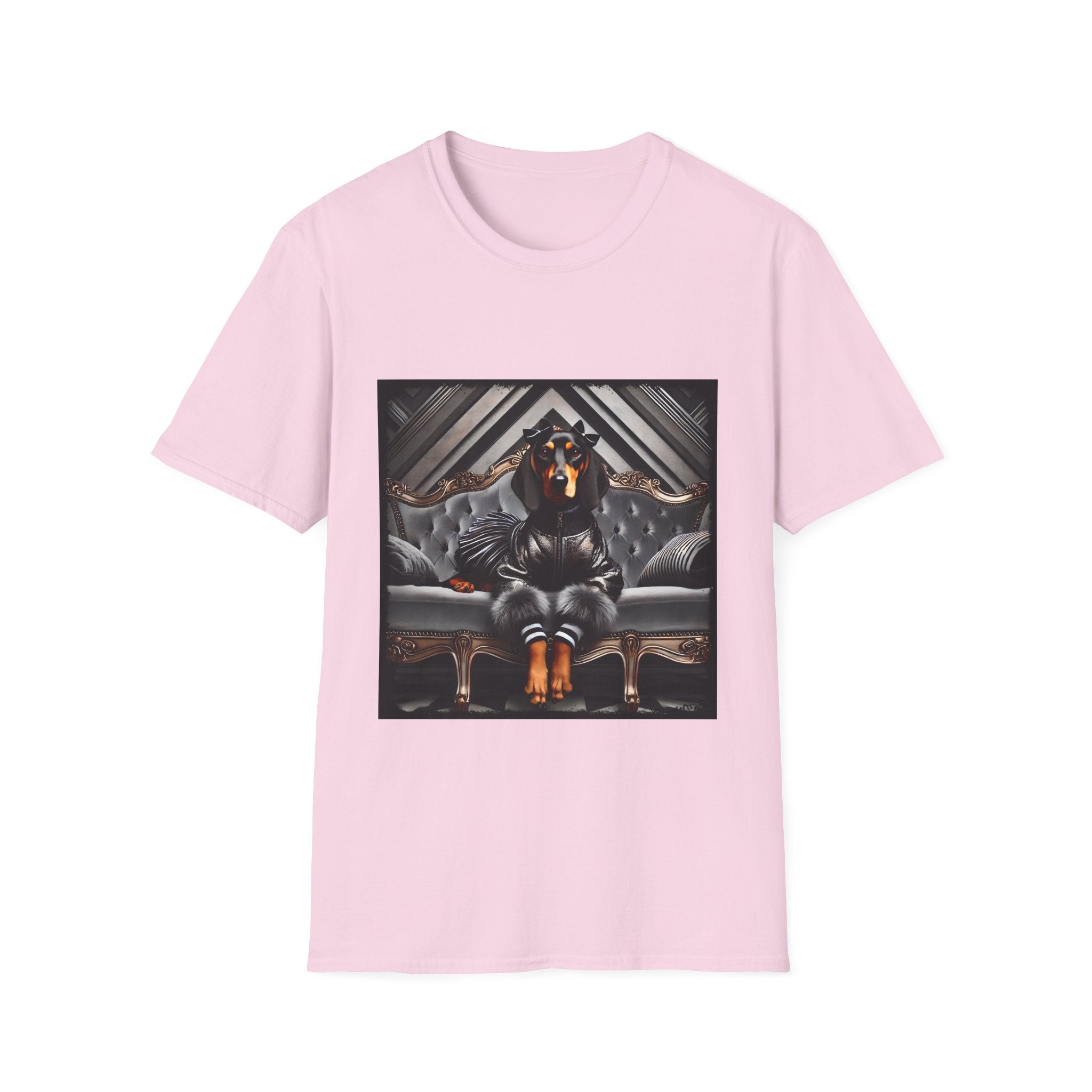 Light pink dog t-shirt featuring coonhound in edgy black bomber jacket with fur cuffs, seated on a tufted leather settee.