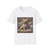 White dog t-shirt featuring a tan French Bulldog with pink bow and heart on a vivid rainbow swirl couch.