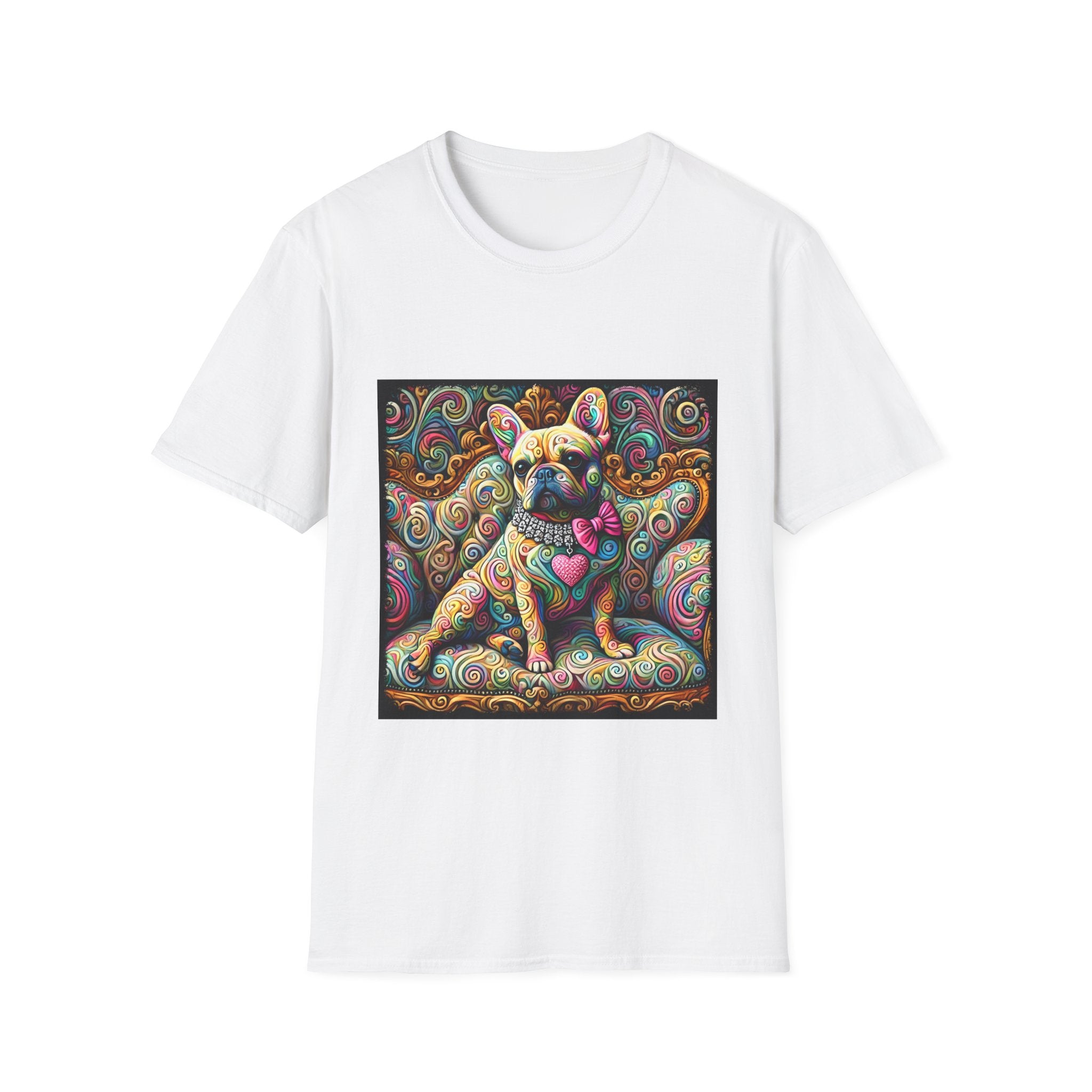 White dog t-shirt featuring a tan French Bulldog with pink bow and heart on a vivid rainbow swirl couch.
