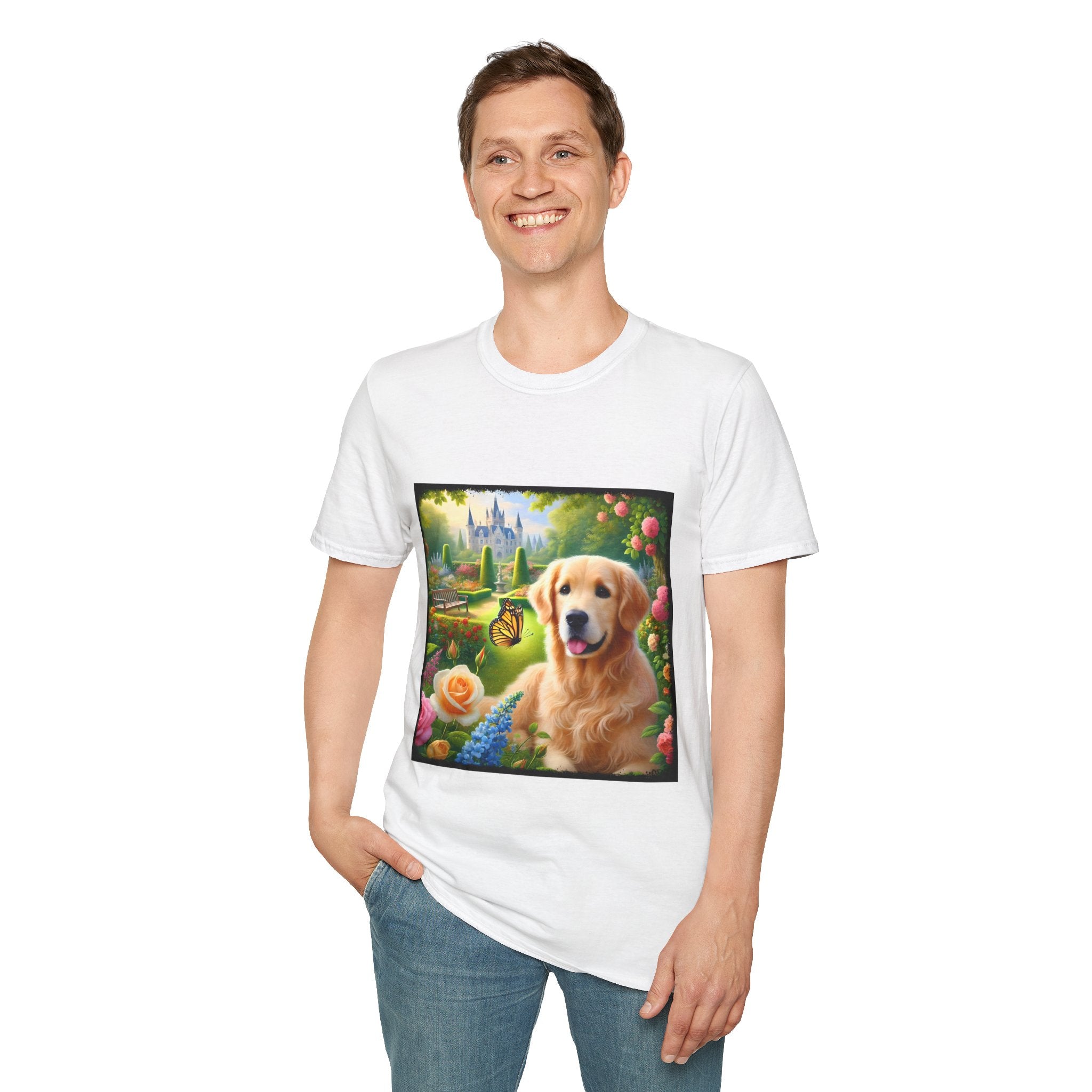 Male model wears white dog t-shirt featuring a golden retriever in a vibrant castle garden with blooming roses and a butterfly.