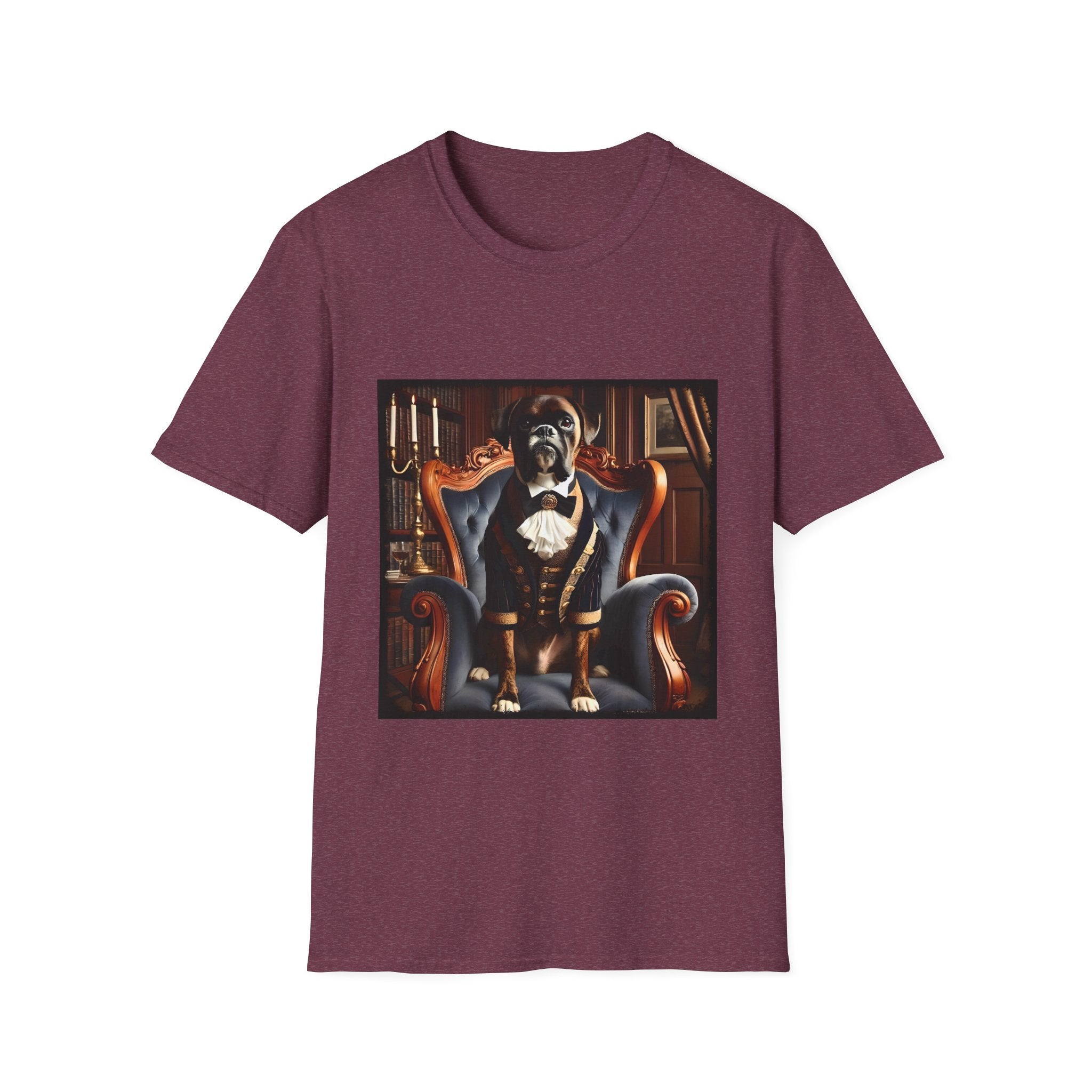 Heather maroon dog t-shirt featuring boxer in brown period suit with cravat seated in ornate blue armchair.