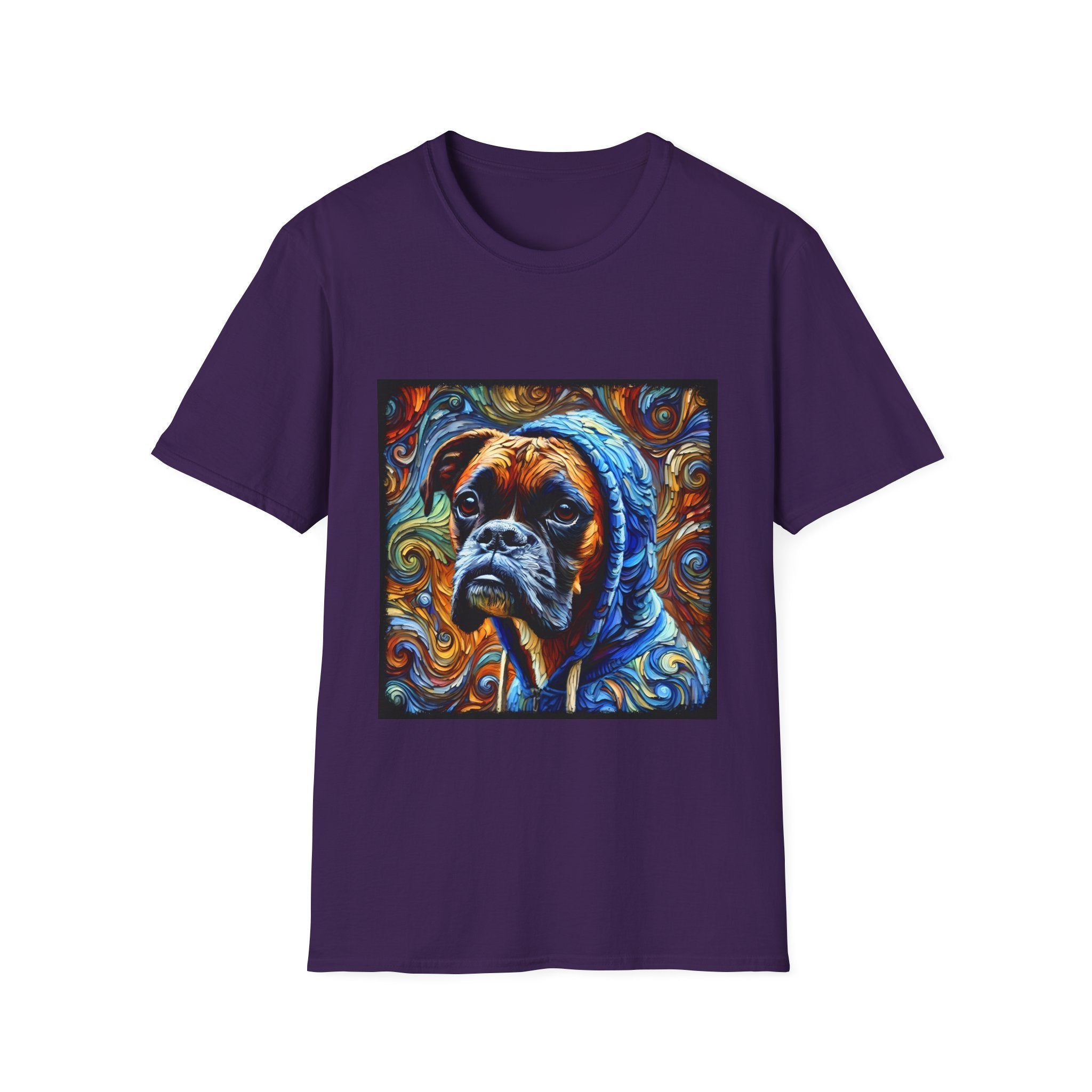 Purple dog t-shirt featuring a boxer in a blue hoodie with swirled orange, gold, and teal background design.