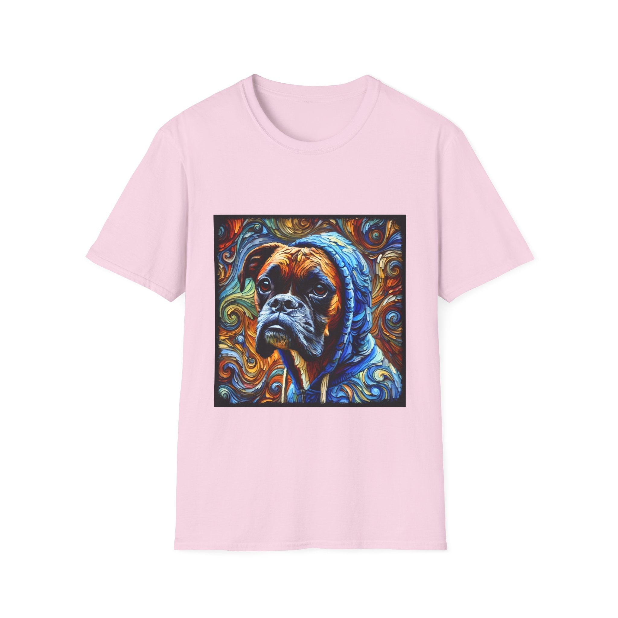 Light pink dog t-shirt featuring a boxer in a blue hoodie with swirled orange, gold, and teal background design.