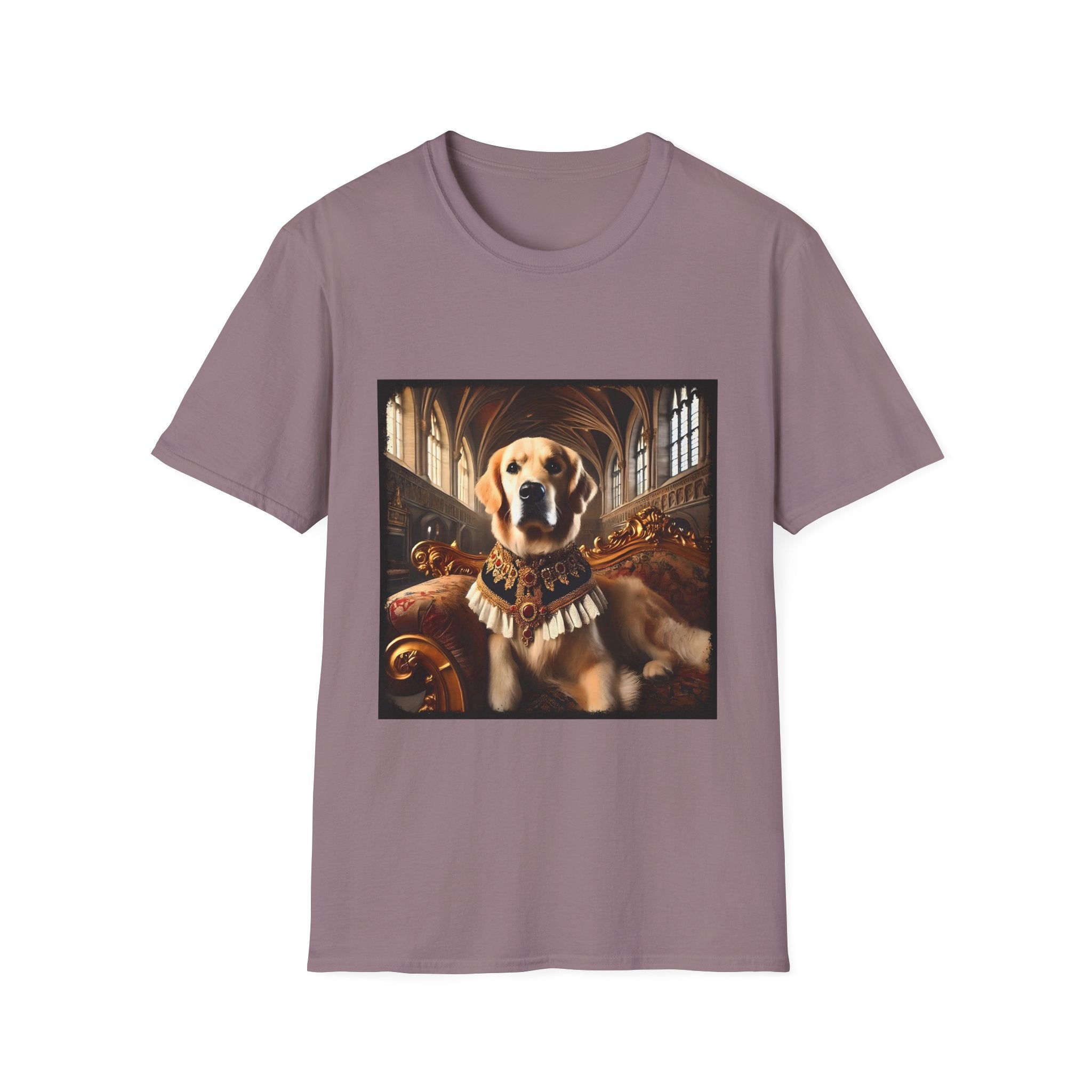 Mauve dog t-shirt featuring golden retriever in royal collar on ornate settee in gothic hall.