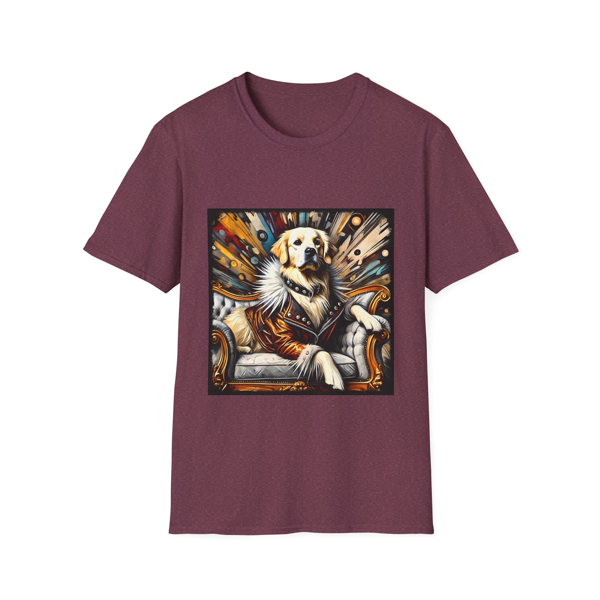 Heather maroon dog t-shirt featuring golden retriever in fur coat on gold throne with colorful backdrop.