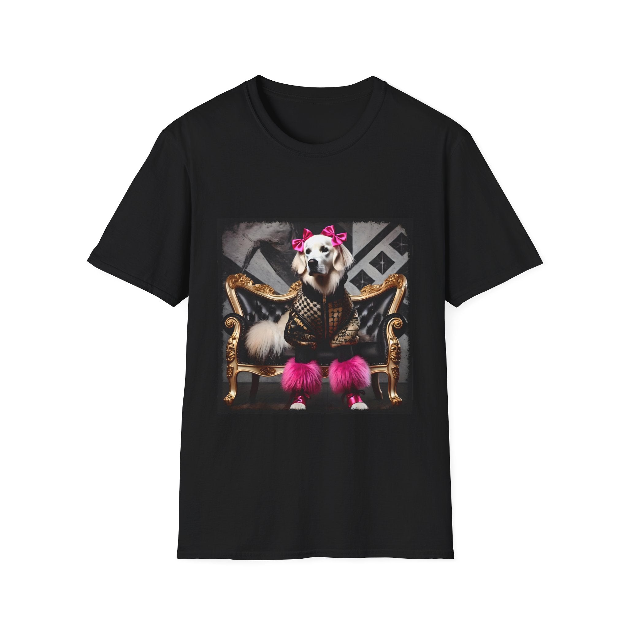 Black dog t-shirt featuring white dog in pink bows and boots on gold settee with edgy gray backdrop.