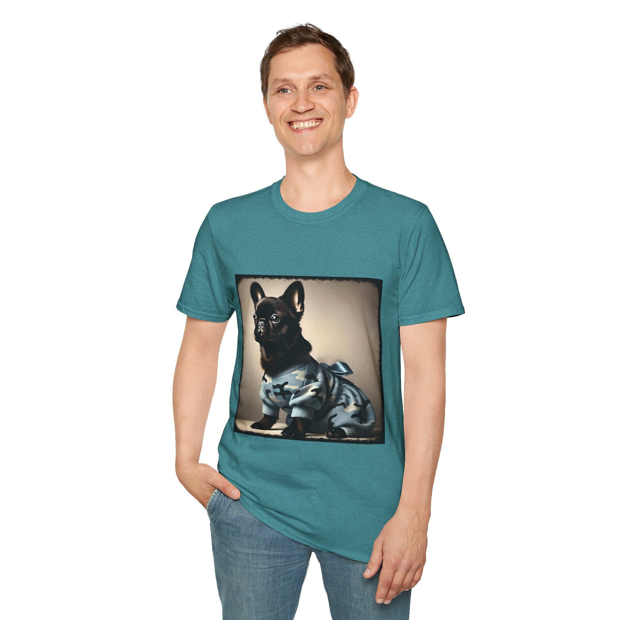 Man smiling wearing teal dog t-shirt featuring black French Bulldog in blue camo outfit with bow, set in soft vintage portrait.