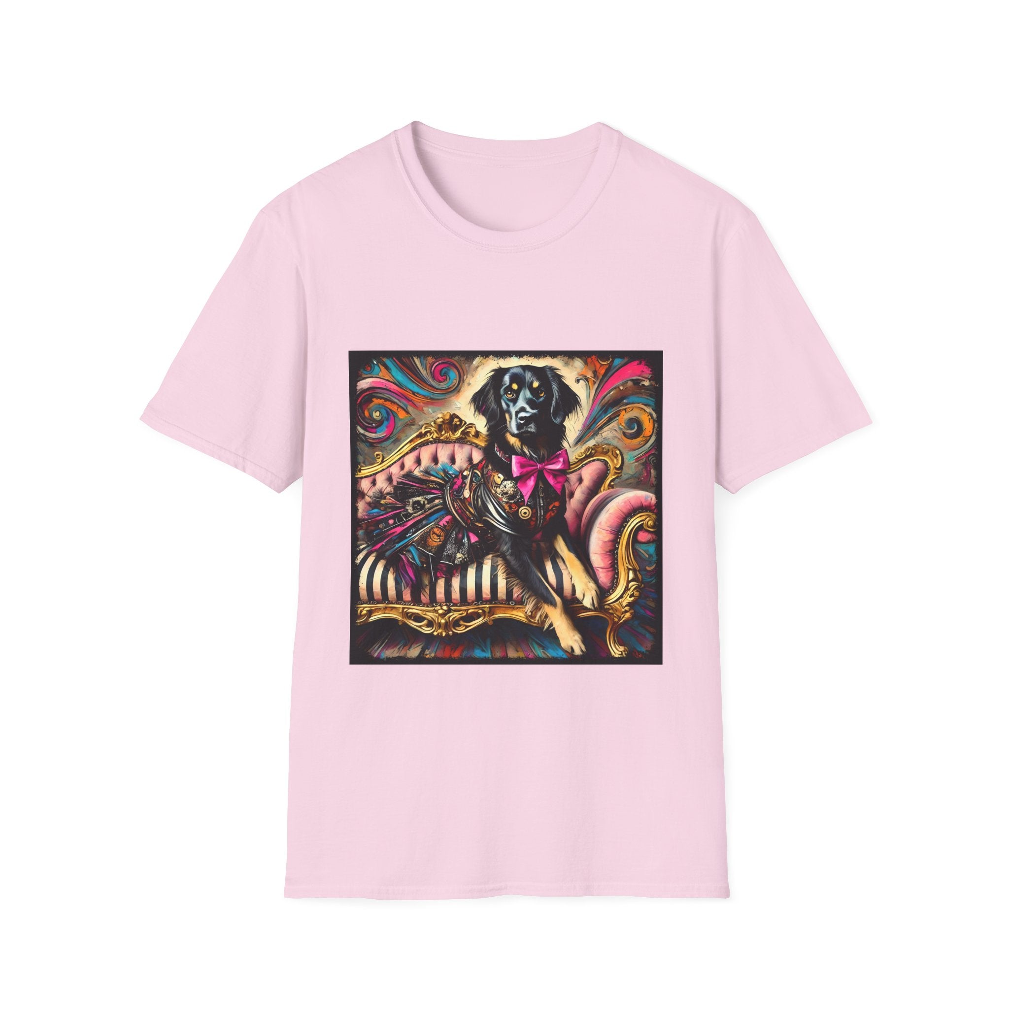 Light pink dog t-shirt with black retriever in edgy outfit and pink bow on striped settee, swirl backdrop.