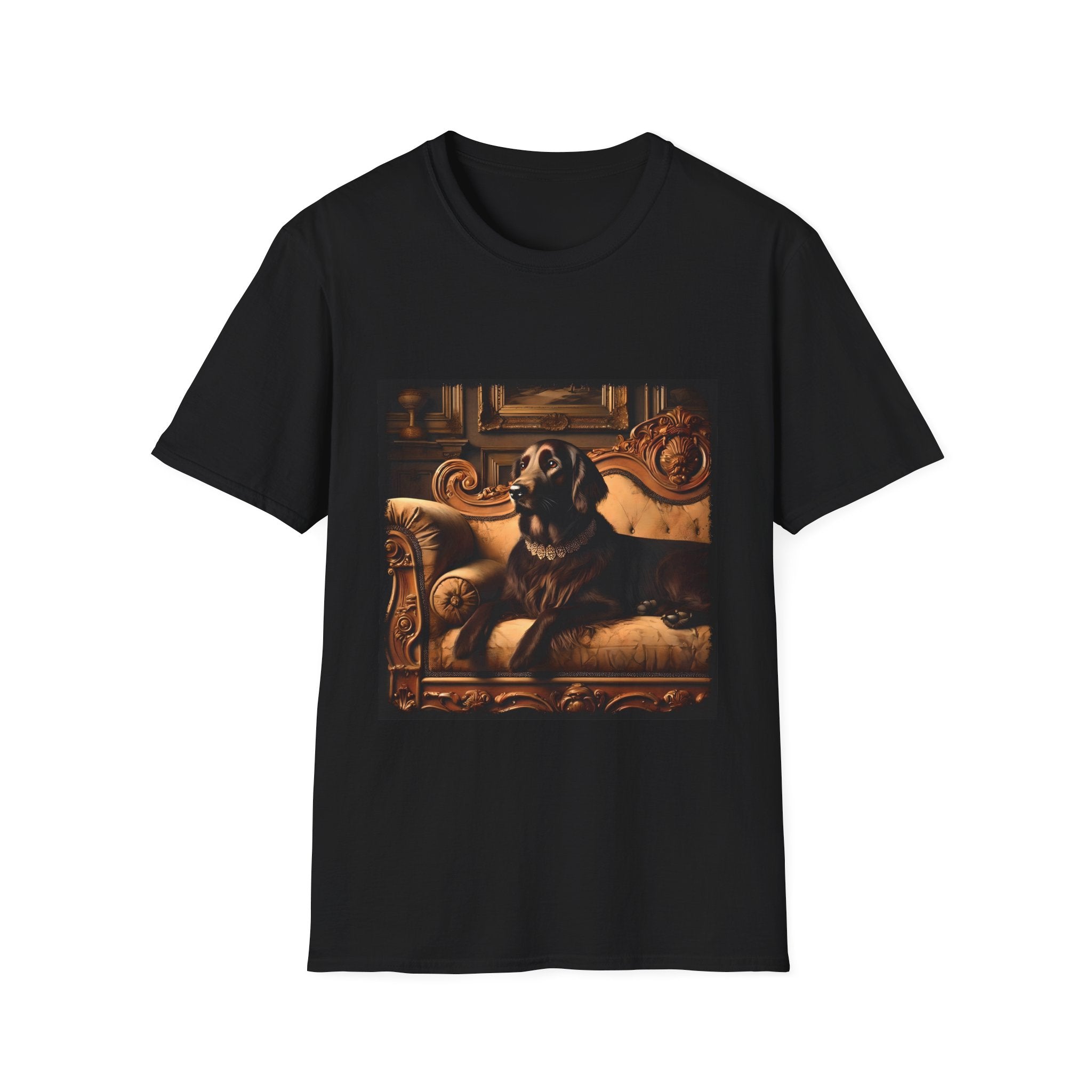 Black dog t-shirt featuring chocolate golden retriever on gold settee, jeweled collar in regal backdrop.