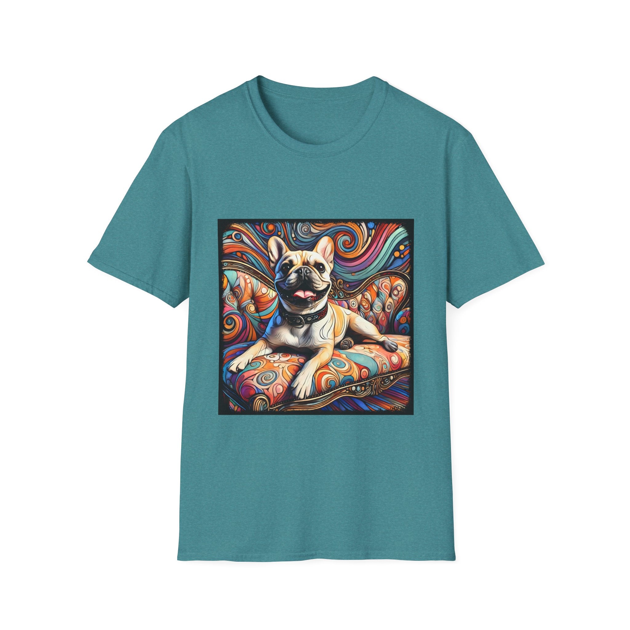 Teal dog t-shirt featuring fawn French Bulldog with collar lounging on colorful swirl settee with vivid abstract background.