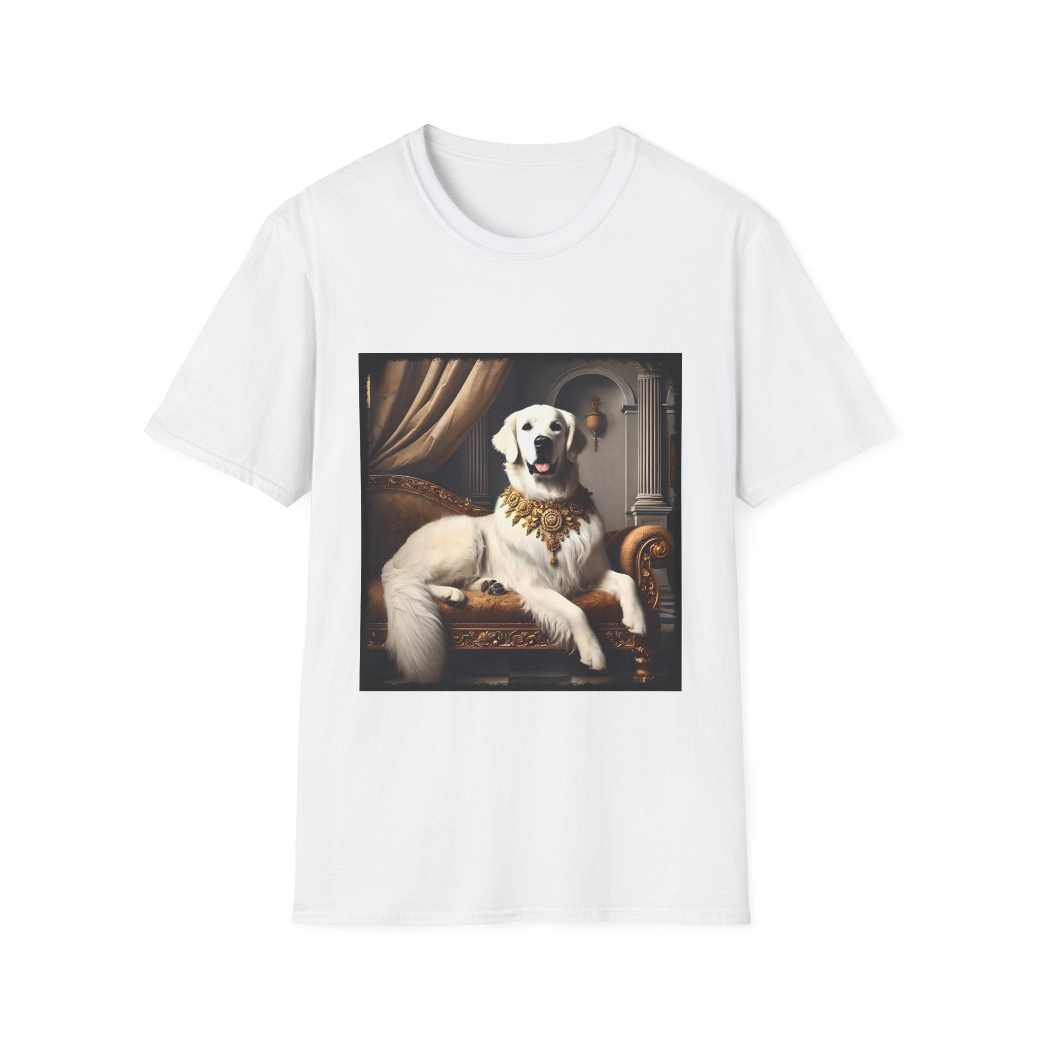 White dog t-shirt featuring a regal white golden retriever lounging on a gold settee with ornate curtains.