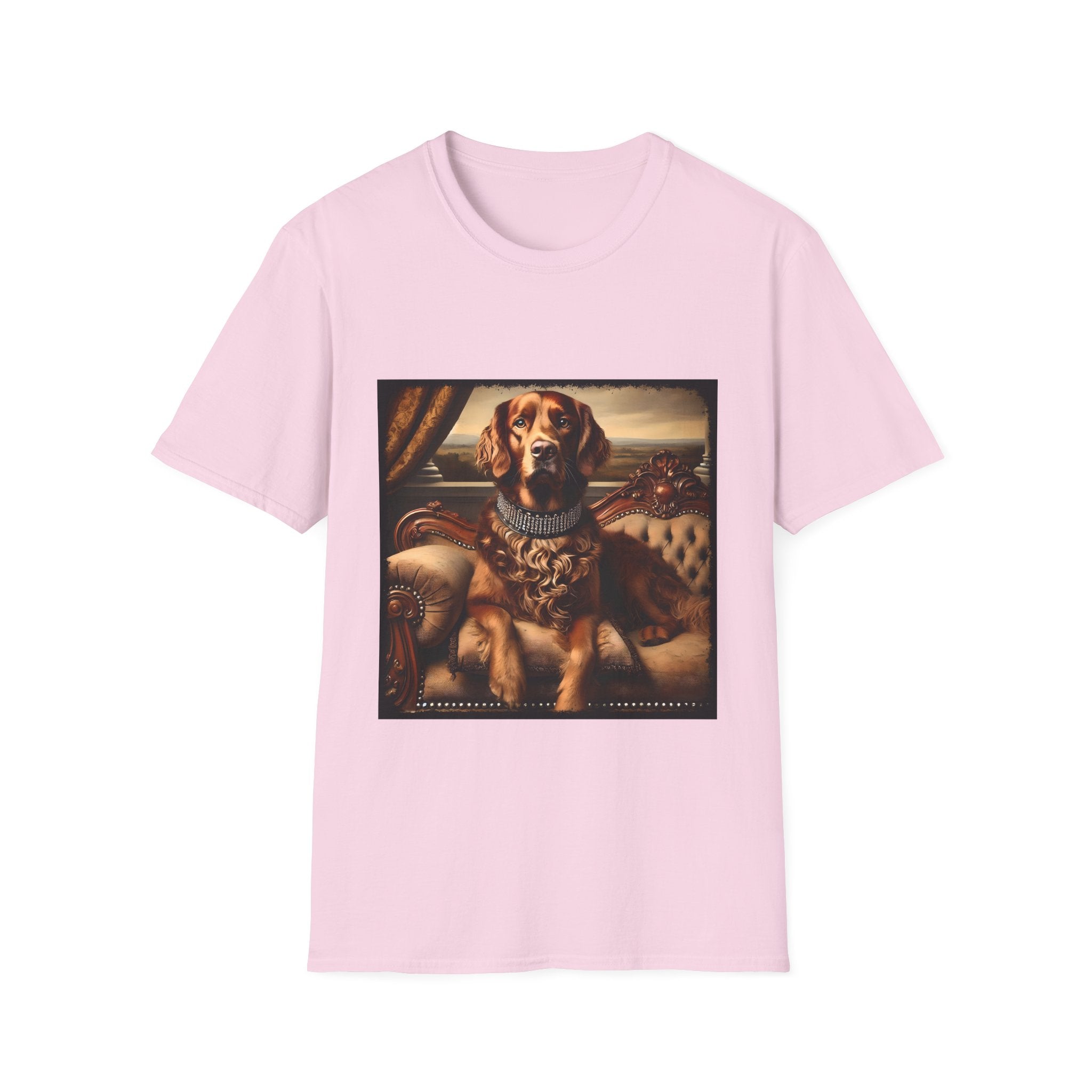 Light pink dog t-shirt featuring a chocolate brown golden retriever in a jeweled collar, seated on a vintage tufted settee.