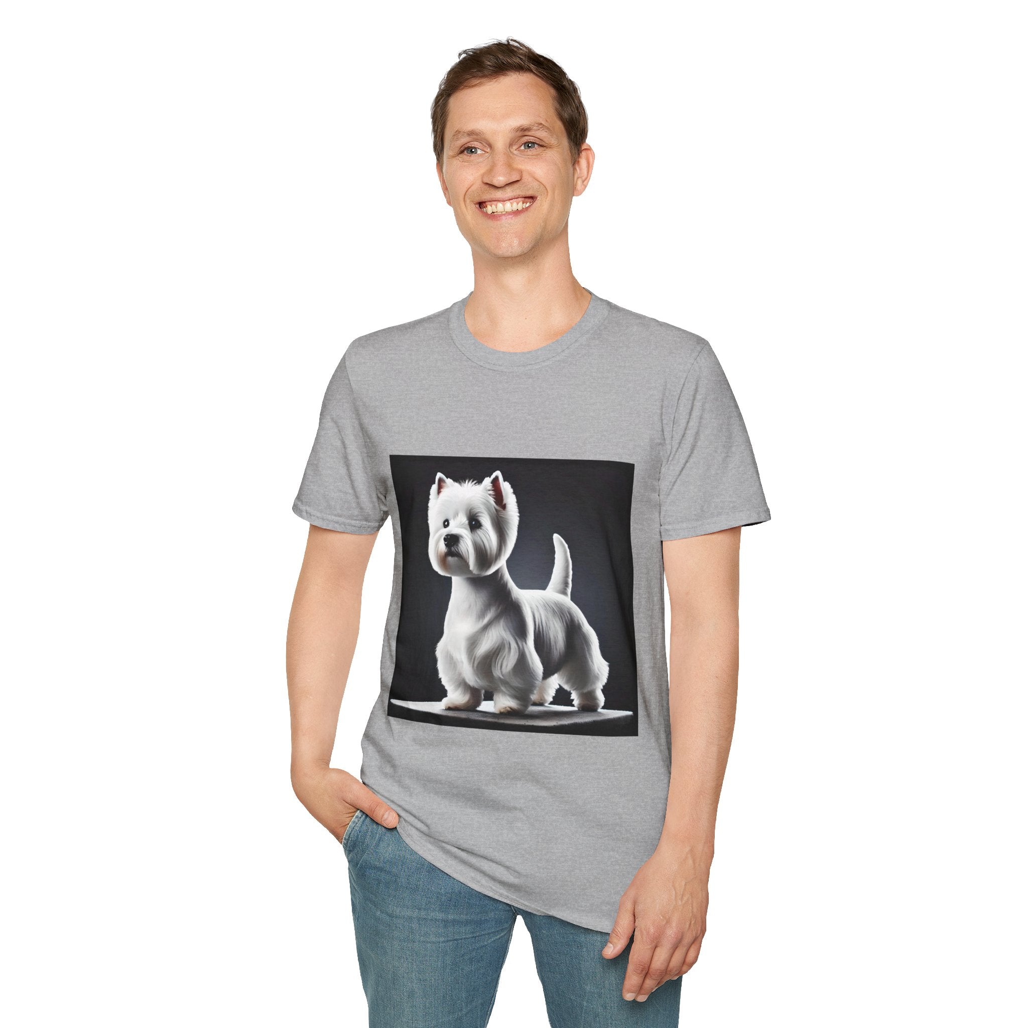 Male model in sport gray dog t-shirt featuring a Westie standing proud on a platform against a dramatic dark backdrop.