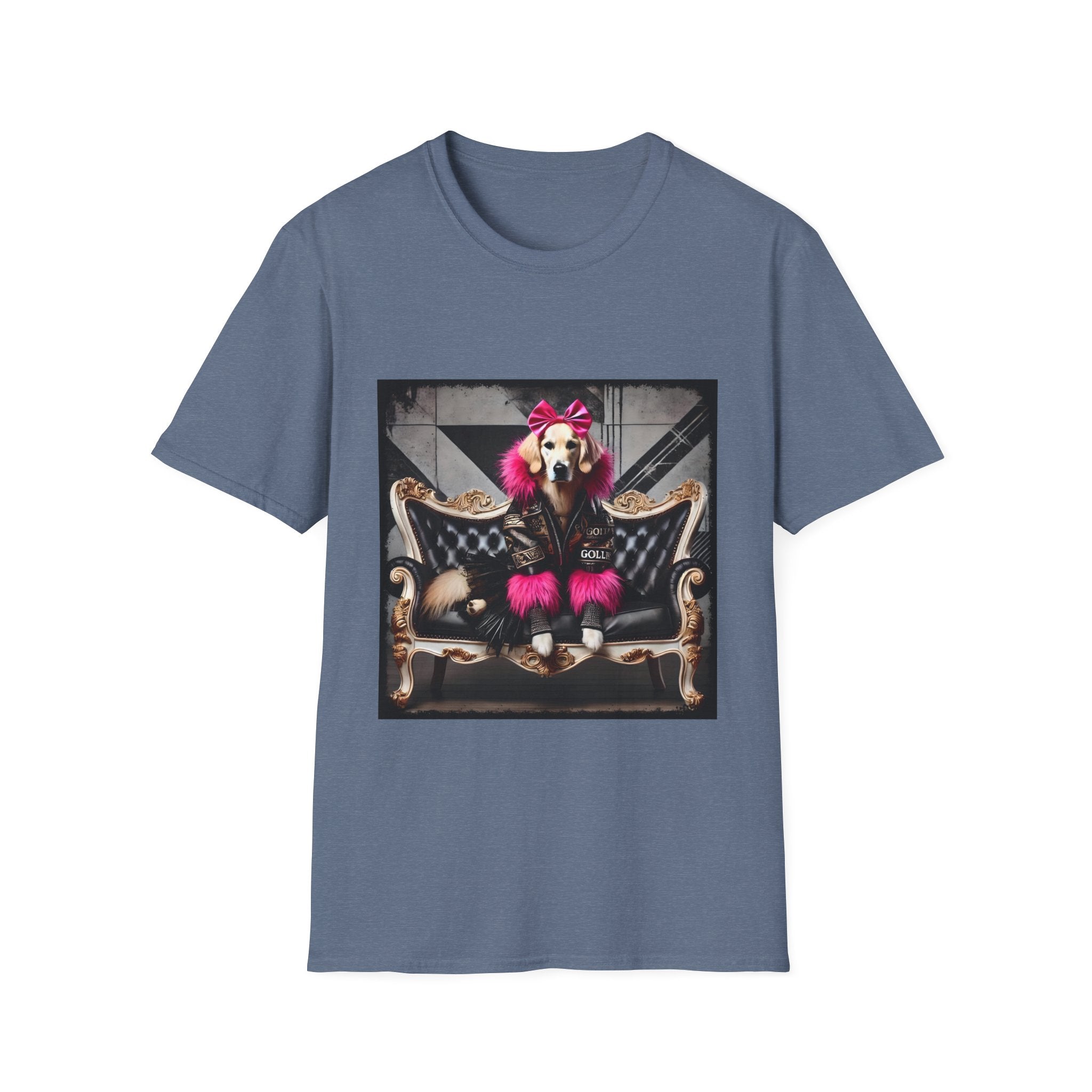 Heather indigo dog t-shirt featuring golden retriever with pink bow and fur outfit on black settee in edgy backdrop.