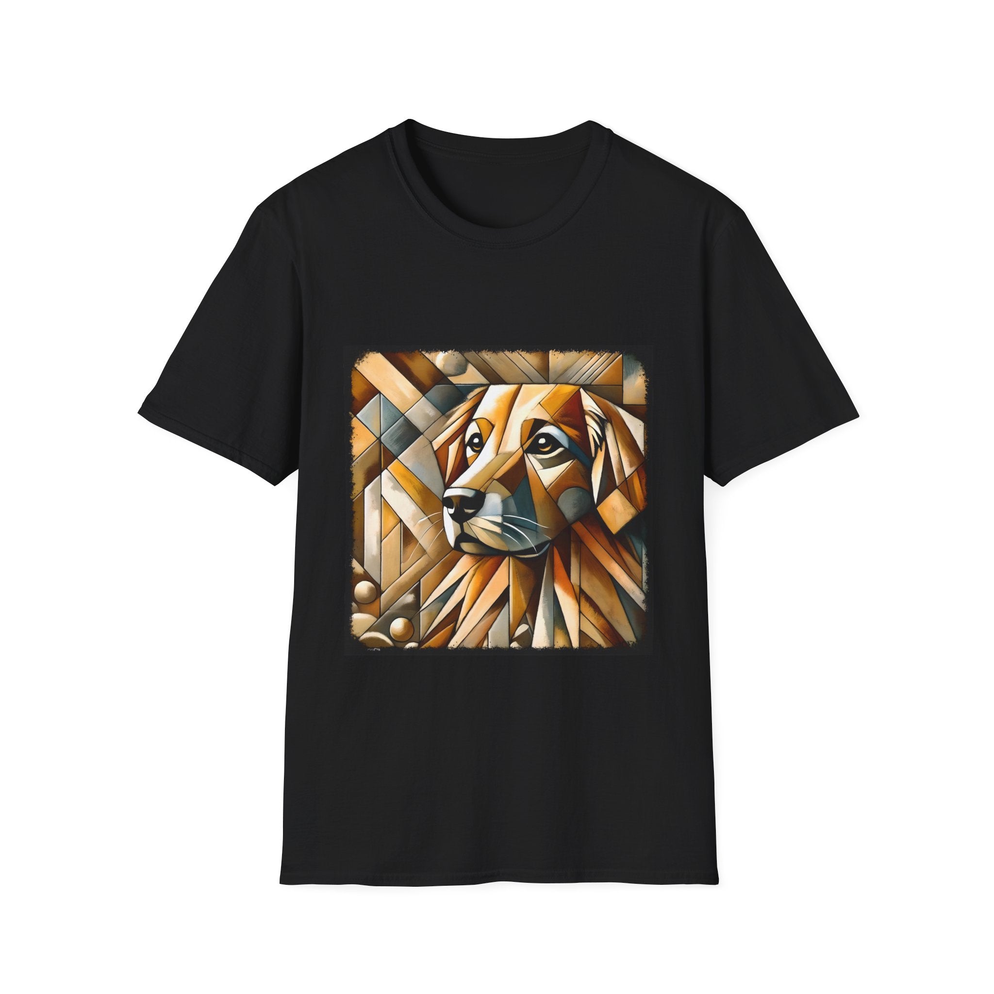 Black dog t-shirt featuring golden retriever in geometric cubist style with warm amber and tan tones.