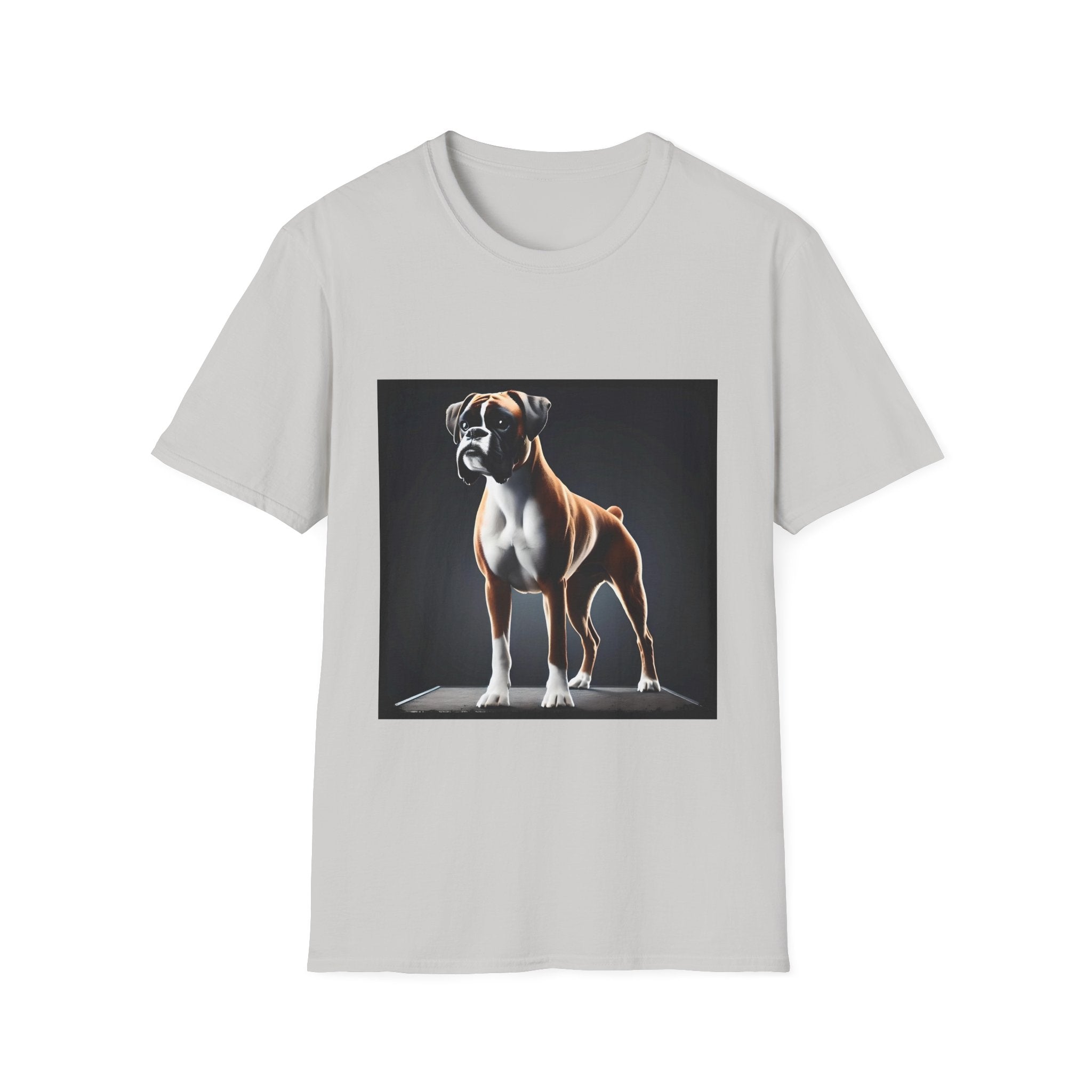 Ice gray dog t-shirt featuring standing boxer on platform with black background and dramatic lighting.