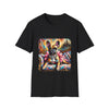Black dog t-shirt featuring fawn French Bulldog with jeweled collar on settee, vivid swirl and castle background.