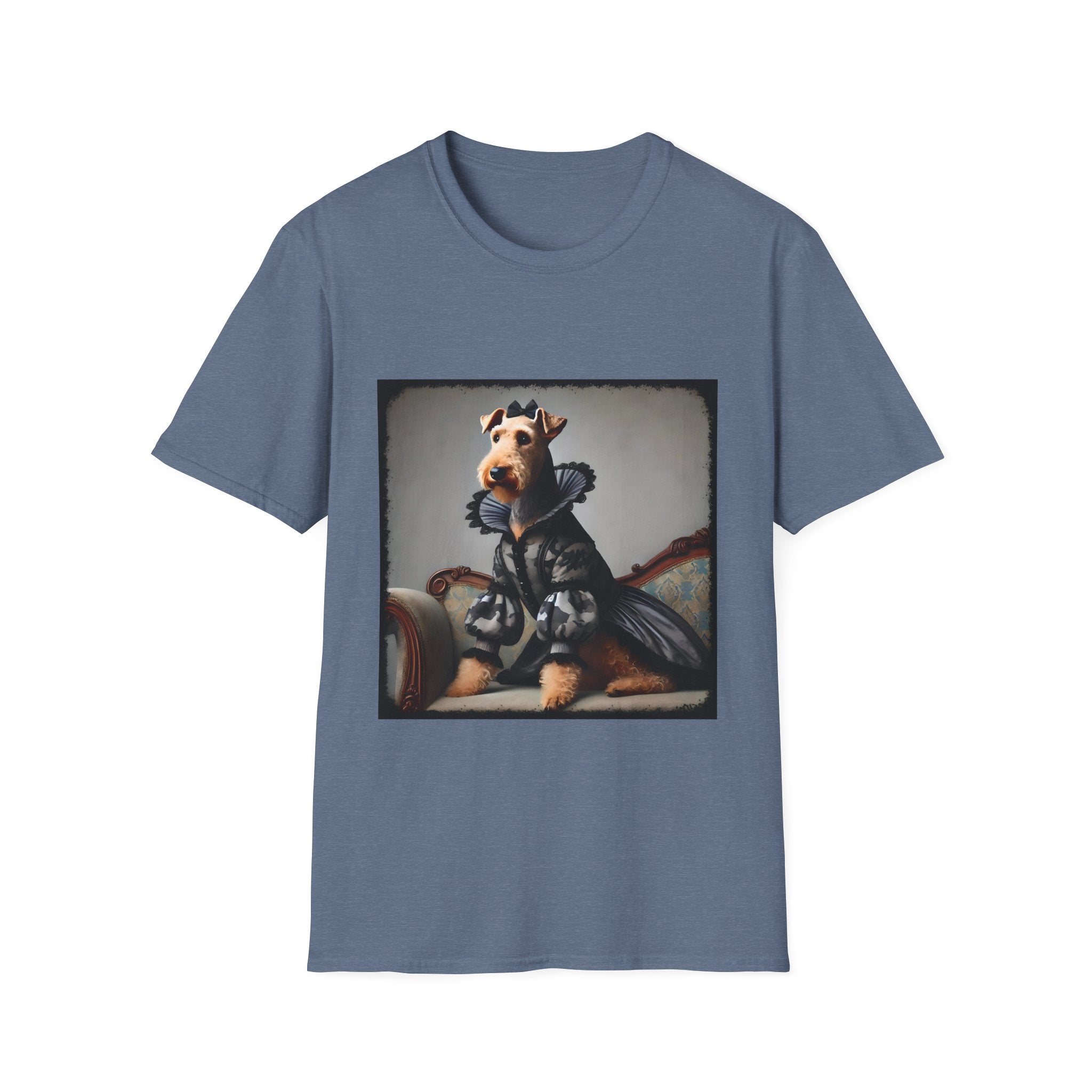 Heather indigo dog t-shirt featuring Airedale terrier in camouflage Renaissance gown seated on settee.