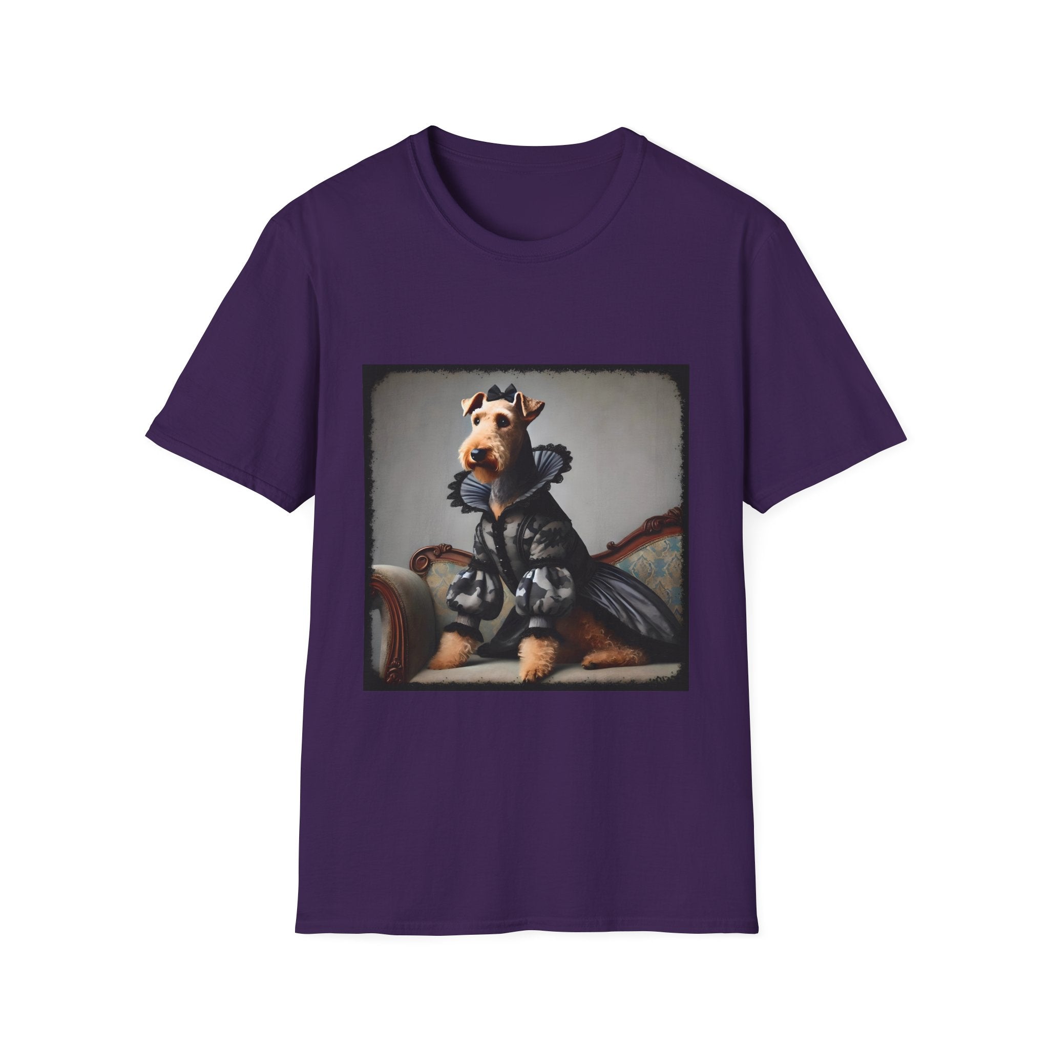 Purple dog t-shirt featuring Airedale terrier in camouflage Renaissance gown seated on settee.