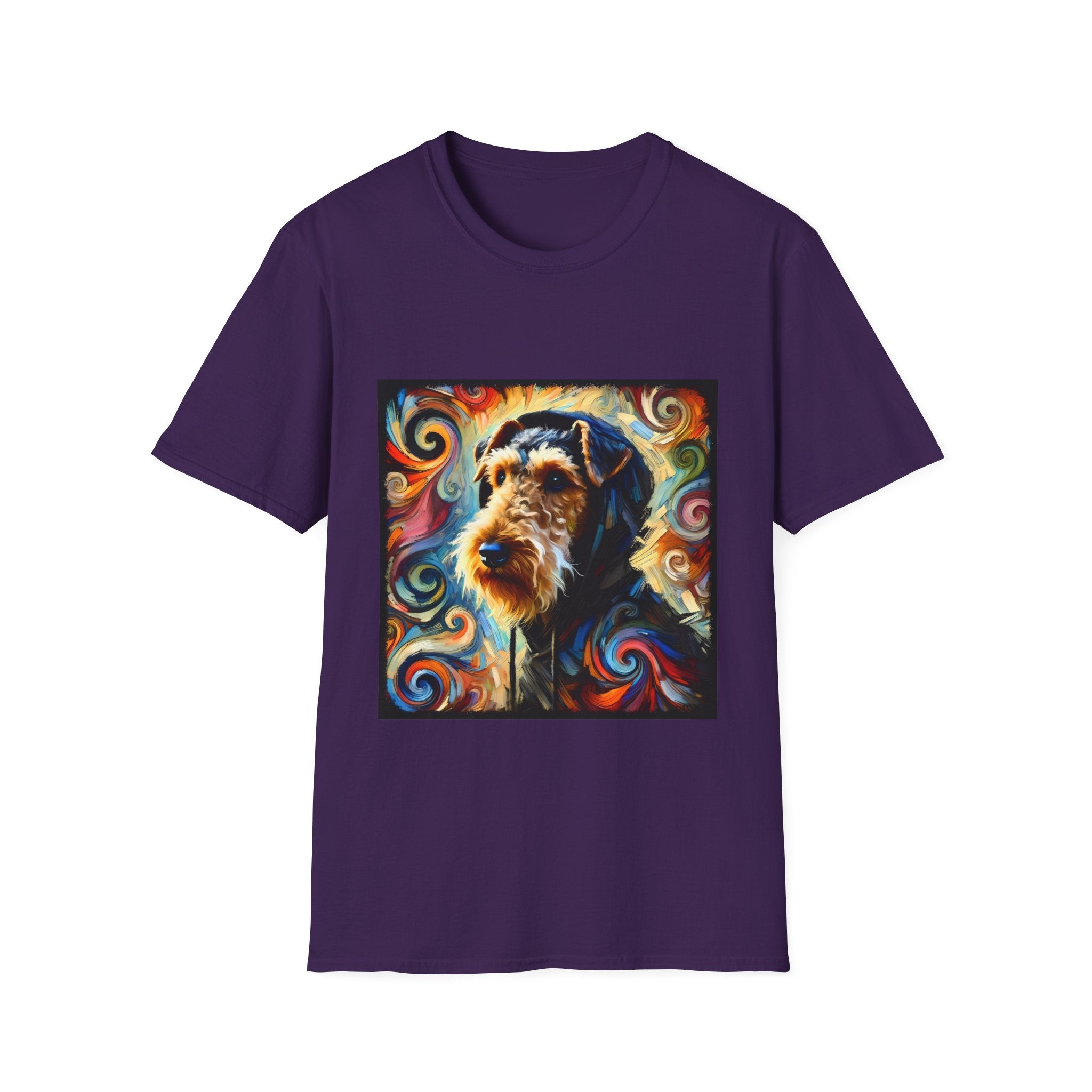 Purple dog t-shirt with Airedale terrier in hoodie and vibrant multicolor swirl background.