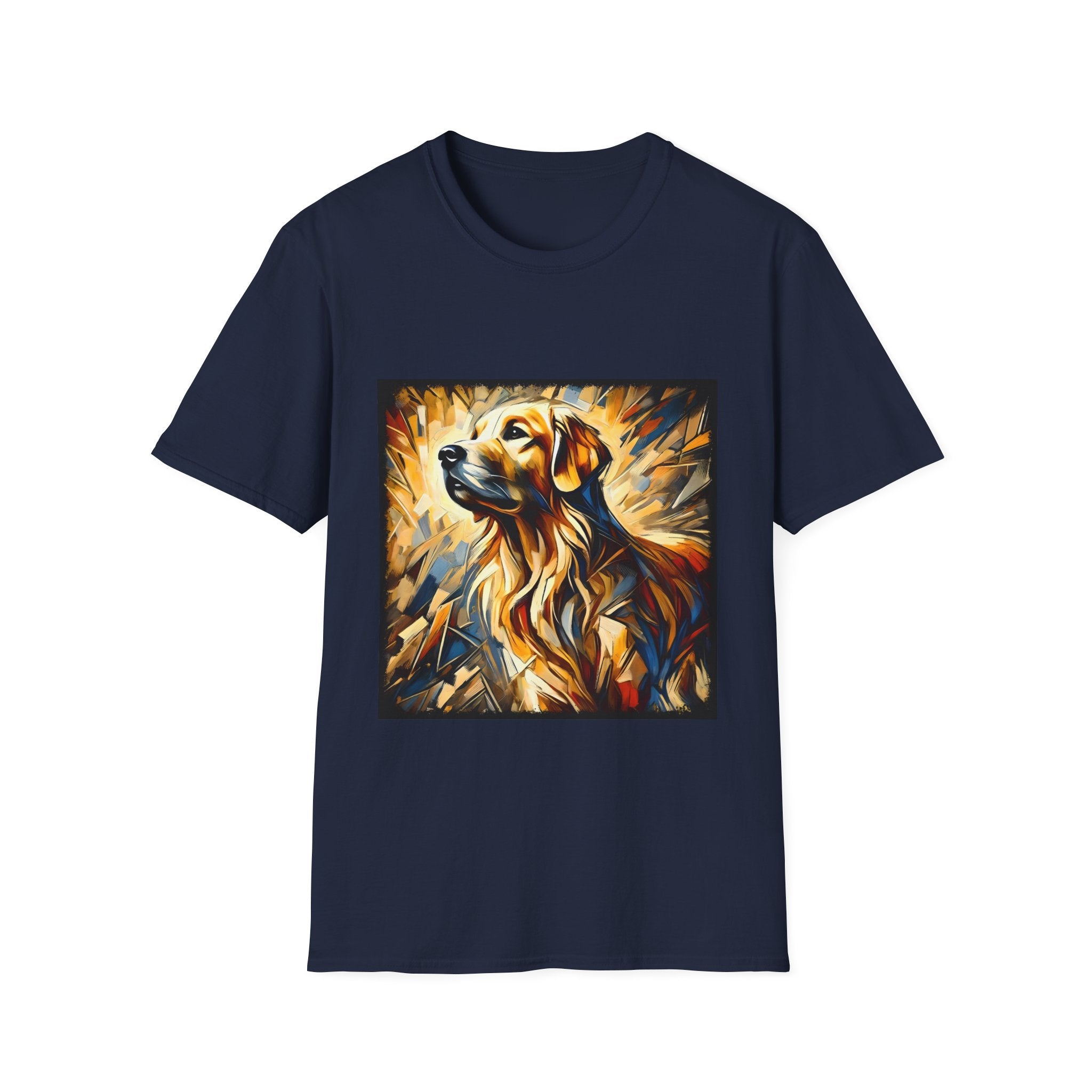 Navy dog t-shirt featuring golden retriever portrait with fiery gold, blue, and amber abstract swirls.