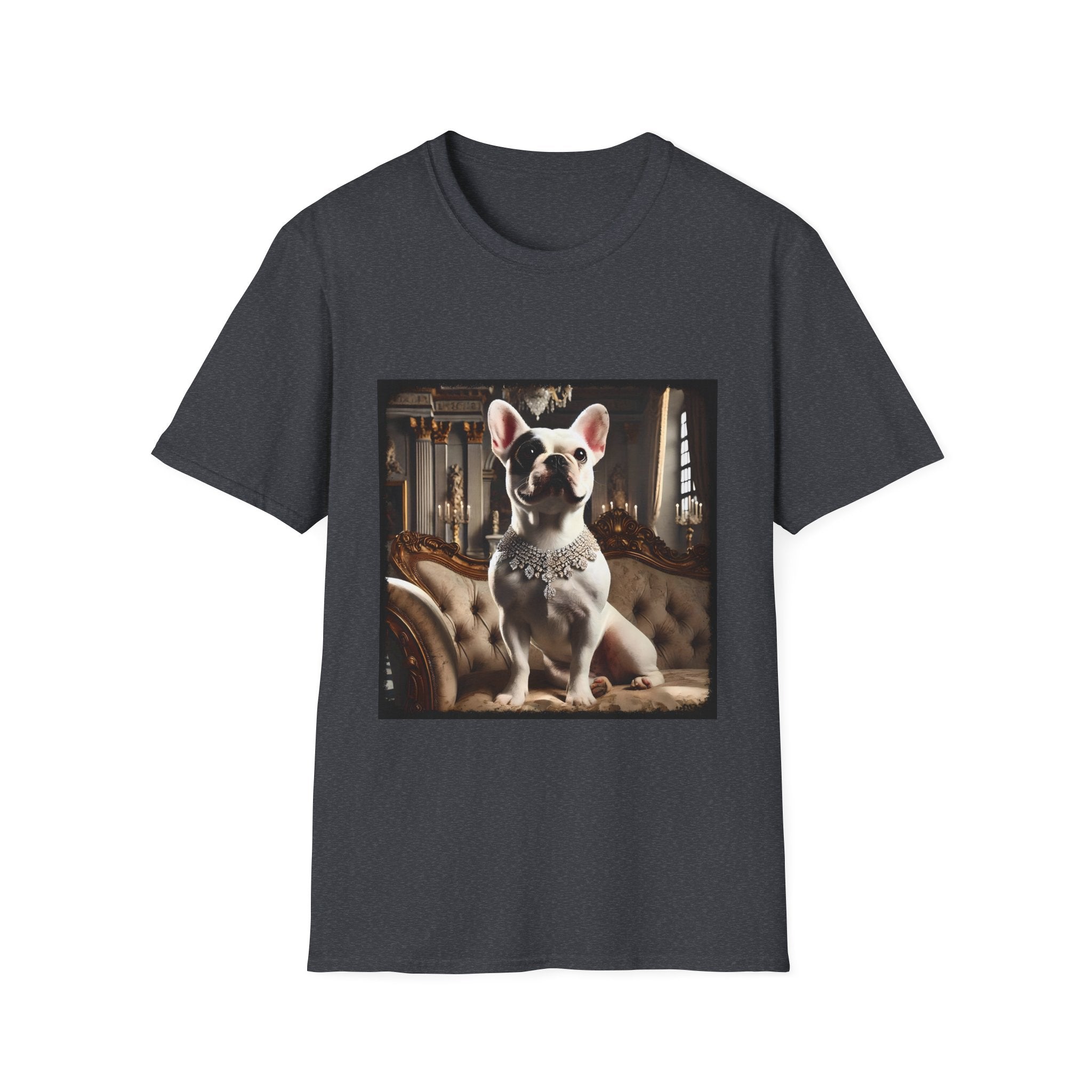 Charcoal gray dog t-shirt featuring white French Bulldog wearing jeweled necklace, seated on tufted settee in elegant palace setting.