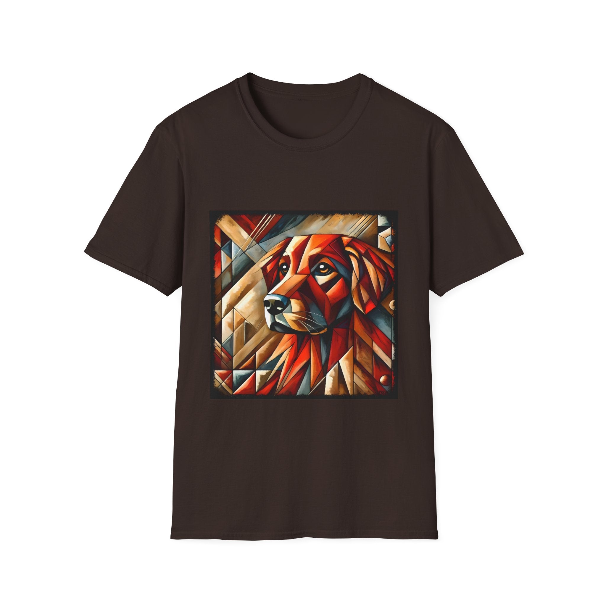 Dark chocolate dog t-shirt featuring red geometric golden retriever portrait in cubist style with bold angles.