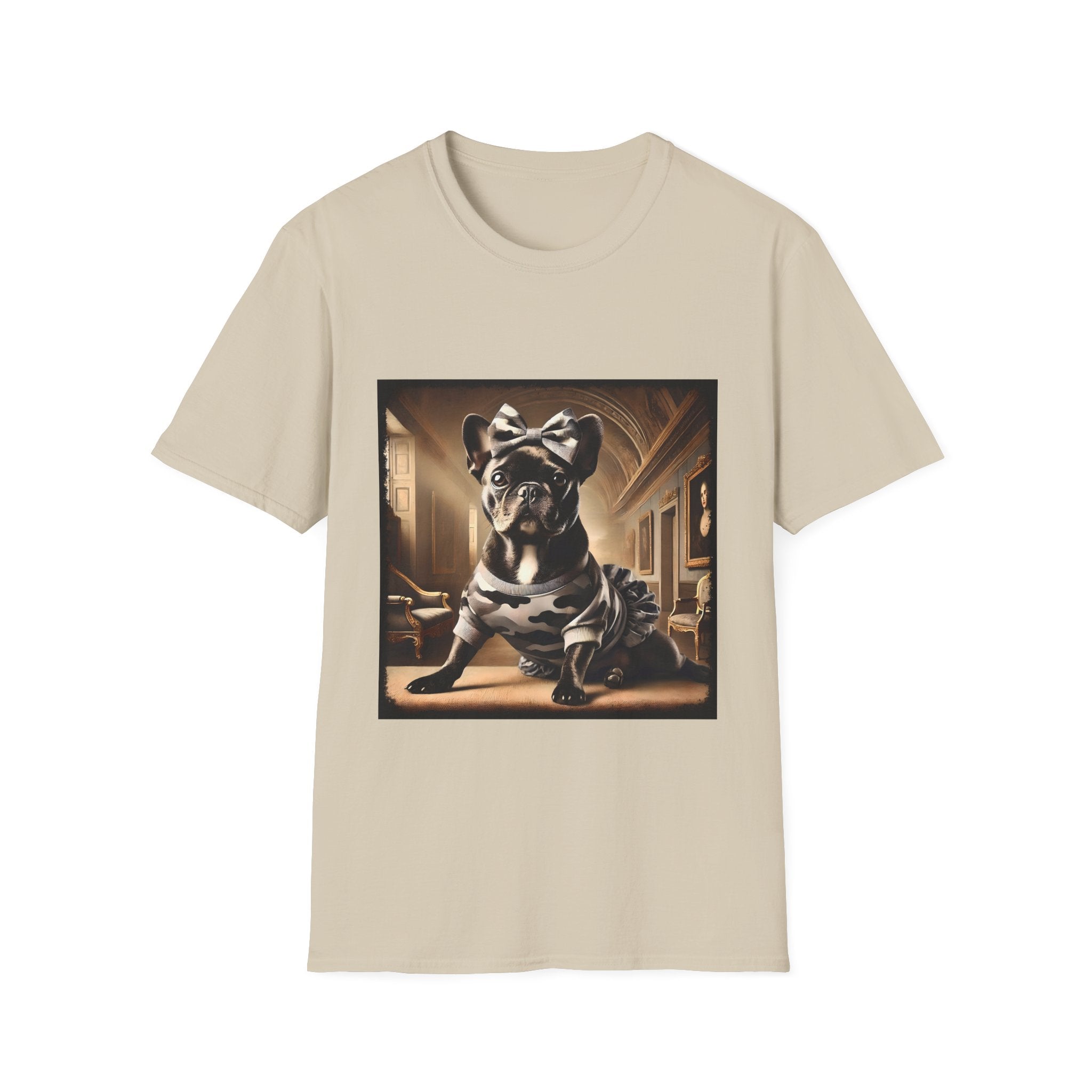 Beige dog t-shirt featuring black French Bulldog in camo dress and bow, set in sepia-toned palace hall.