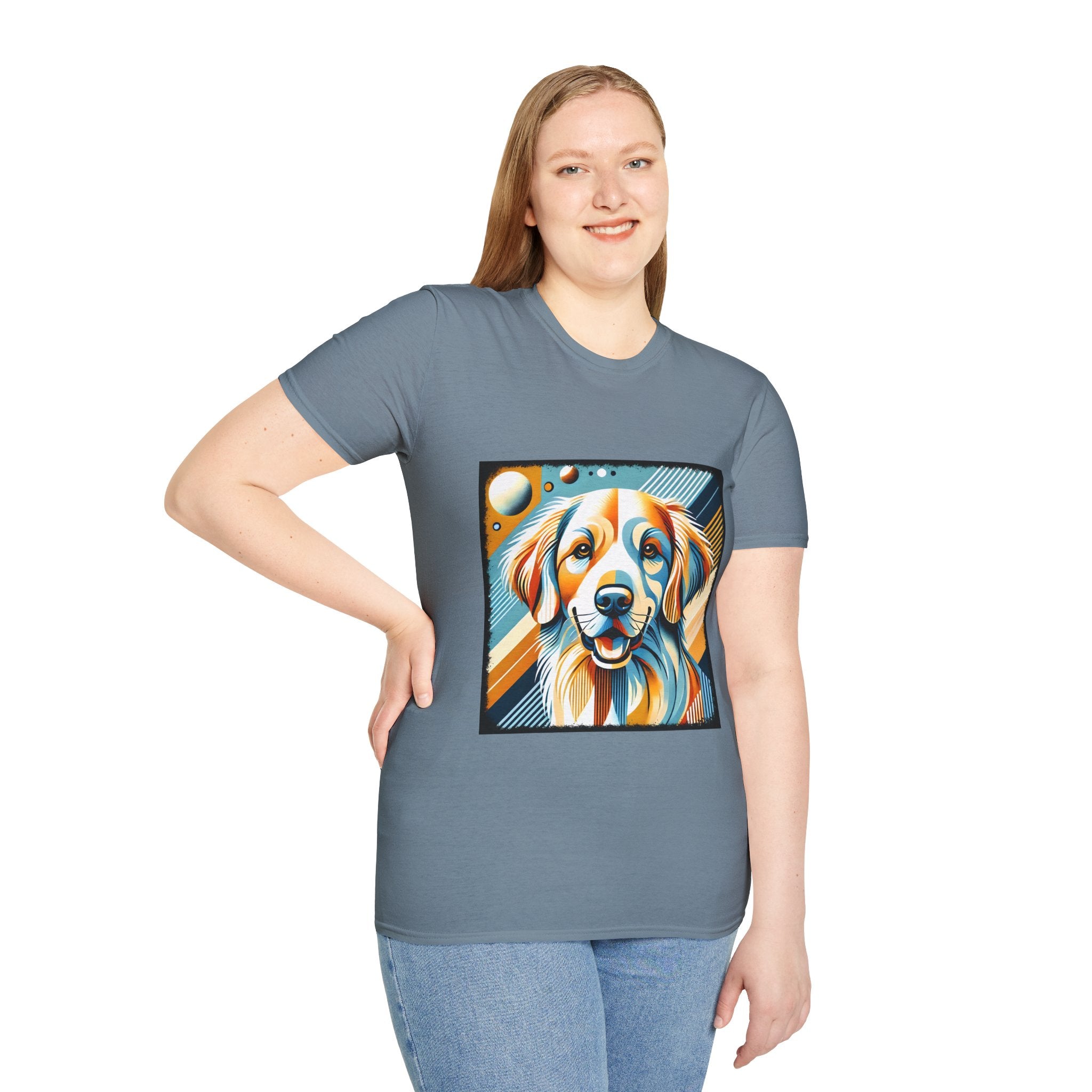 Female model in heather indigo dog t-shirt featuring smiling golden retriever in abstract pop style with blue, orange, and cream tones.