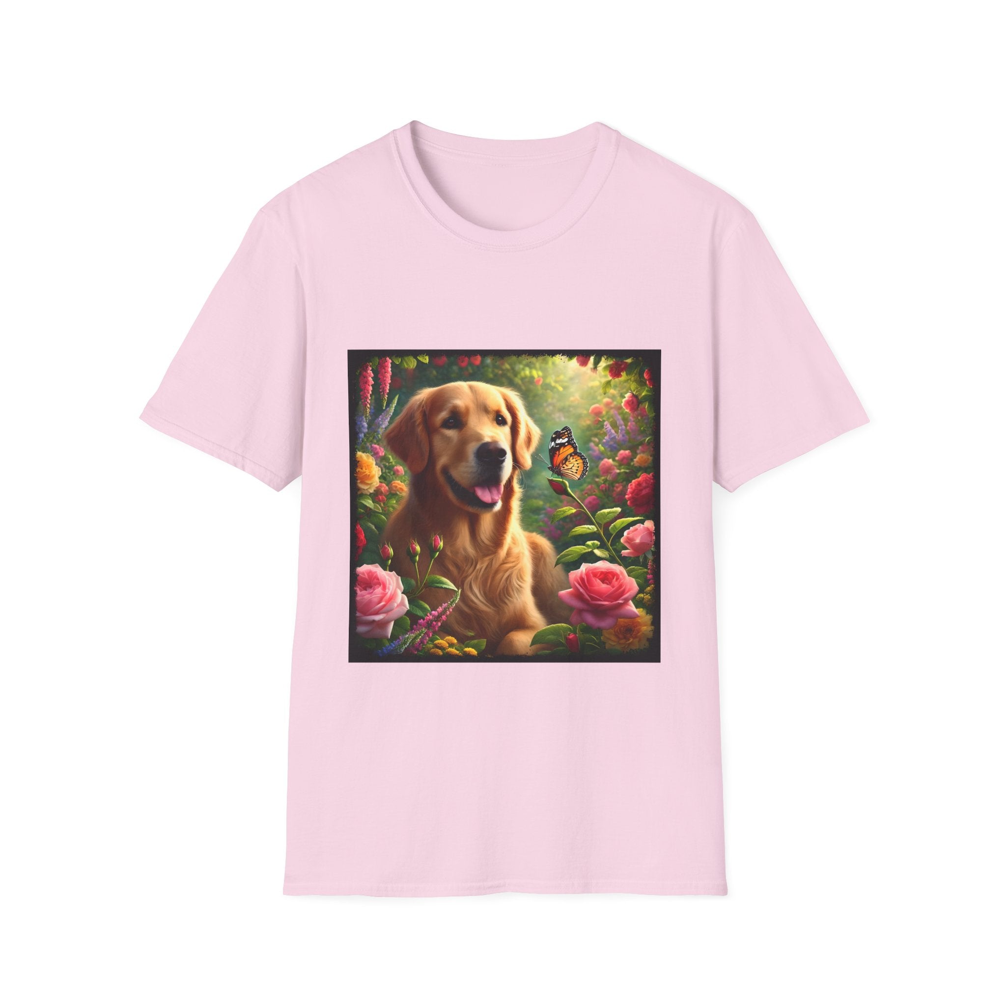 Light pink dog t-shirt featuring a golden retriever in a vibrant garden with roses, wildflowers, and a butterfly.