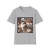 Sport gray dog t-shirt featuring a white golden retriever in a jeweled collar on a gold-trimmed tufted settee.