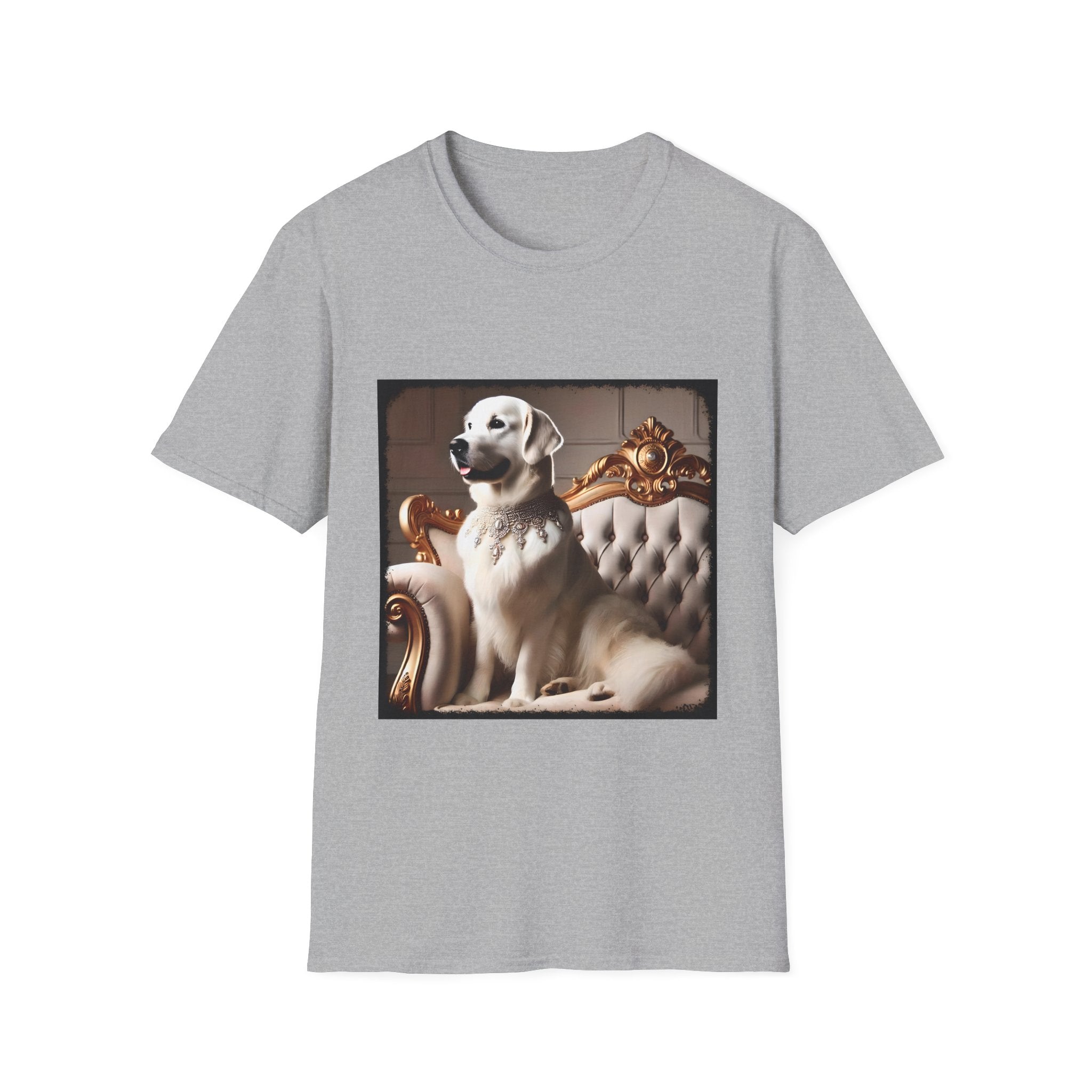 Sport gray dog t-shirt featuring a white golden retriever in a jeweled collar on a gold-trimmed tufted settee.