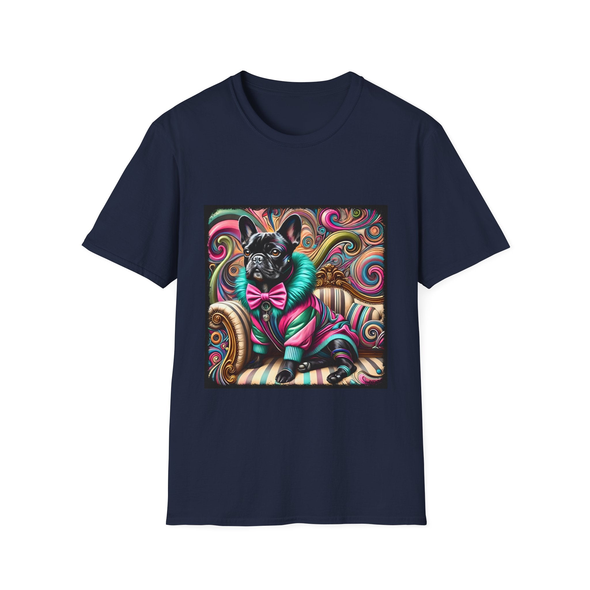 Dog t-shirt in navy blue featuring black French Bulldog in pink and teal outfit on ornate striped settee with swirl background.