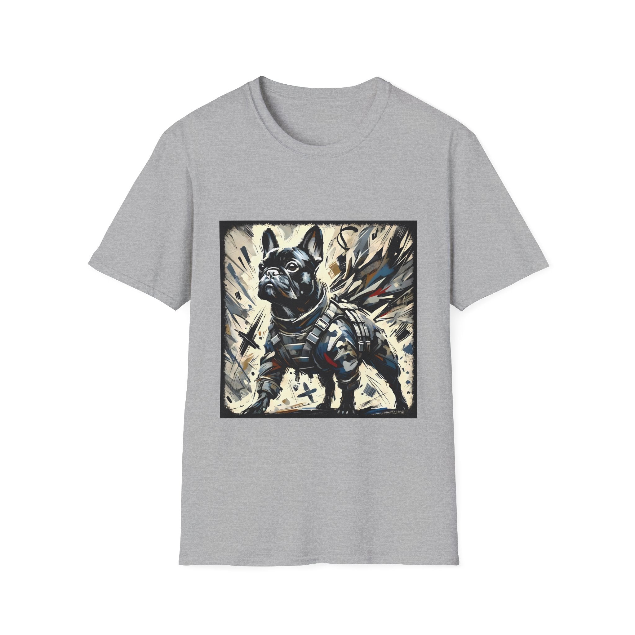 Sport gray dog t-shirt featuring heroic black French Bulldog in battle armor, set against abstract explosive strokes.