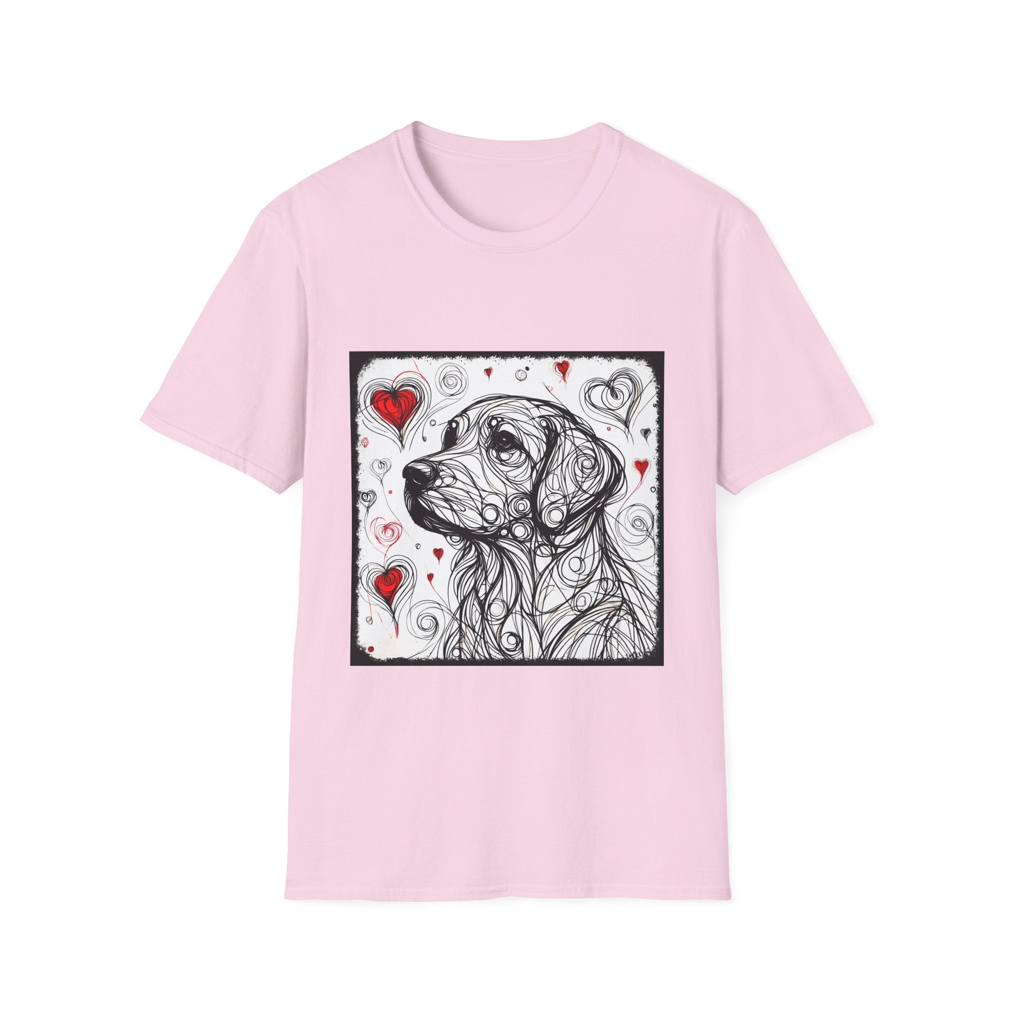 Light pink dog t-shirt featuring golden retriever line art with red hearts on a white background with abstract swirl pattern.